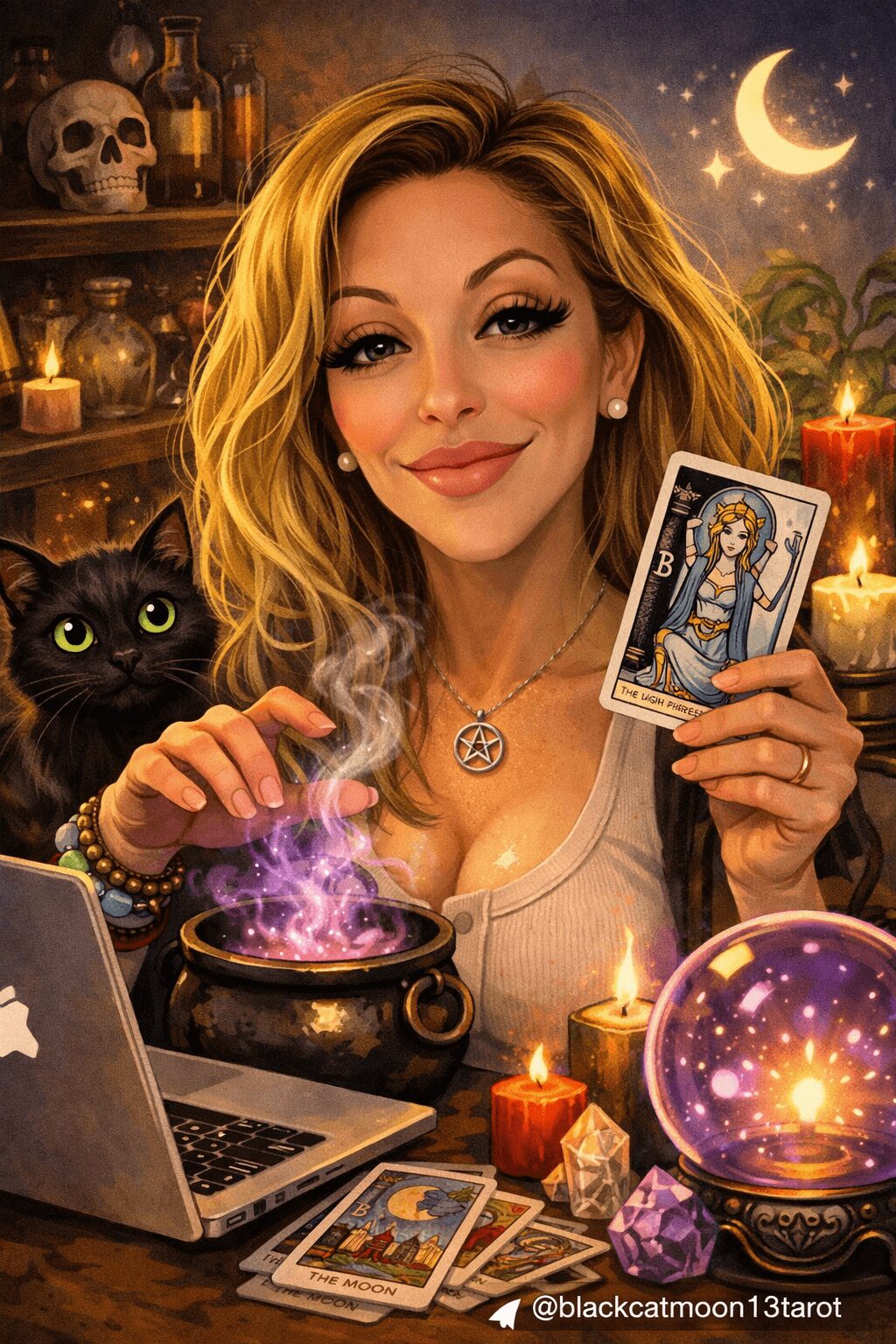 Woman with wavy hair holding tarot card, surrounded by candles, a black cat, and mystical objects, in a cozy, mystical setting.