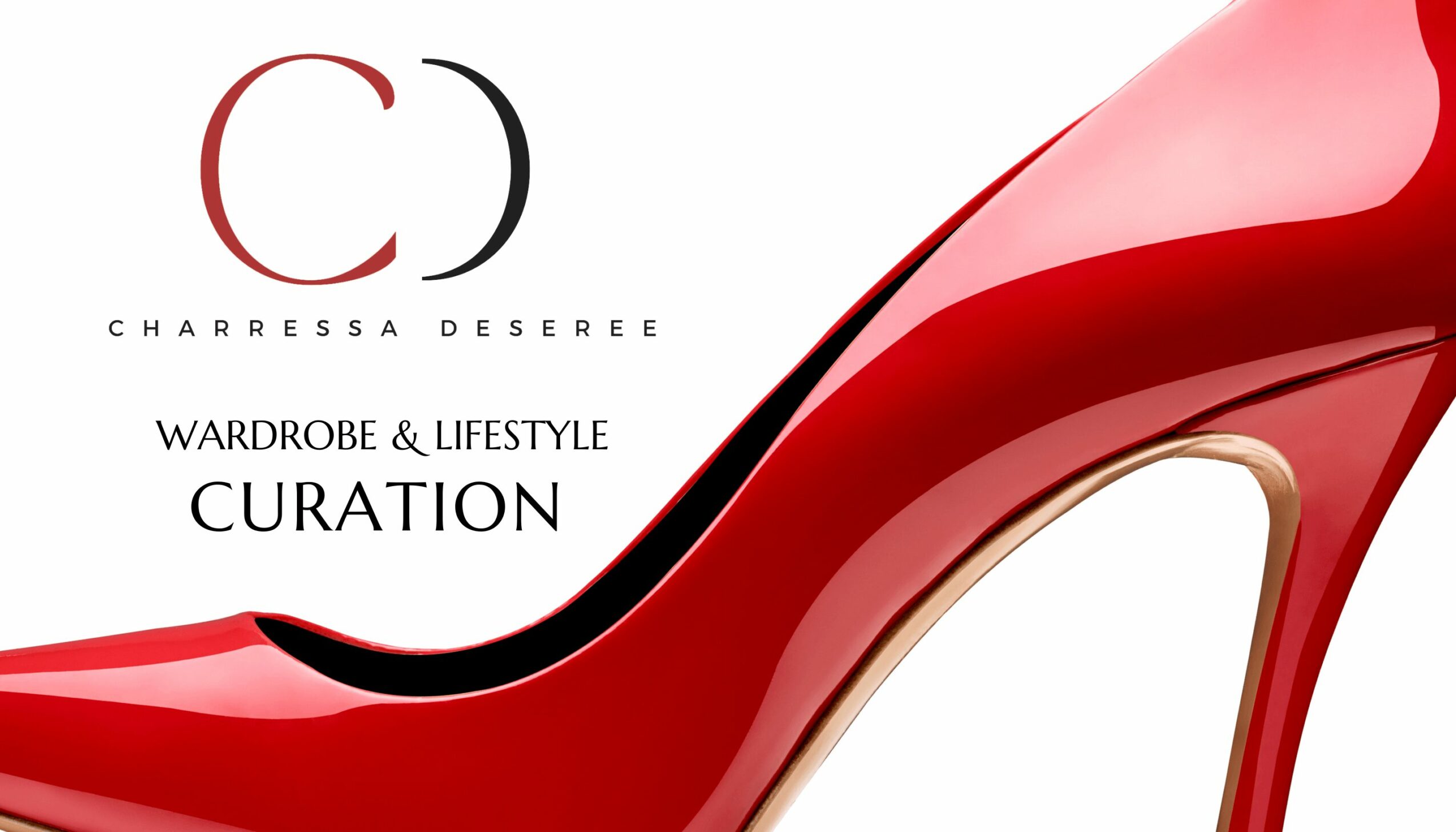 Close-up of a red high-heeled shoe with text about wardrobe and lifestyle curation.