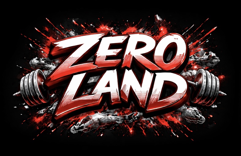 Bold text reads 'ZERO LAND' with a red and white color scheme, surrounded by explosions and weights, on a black background.