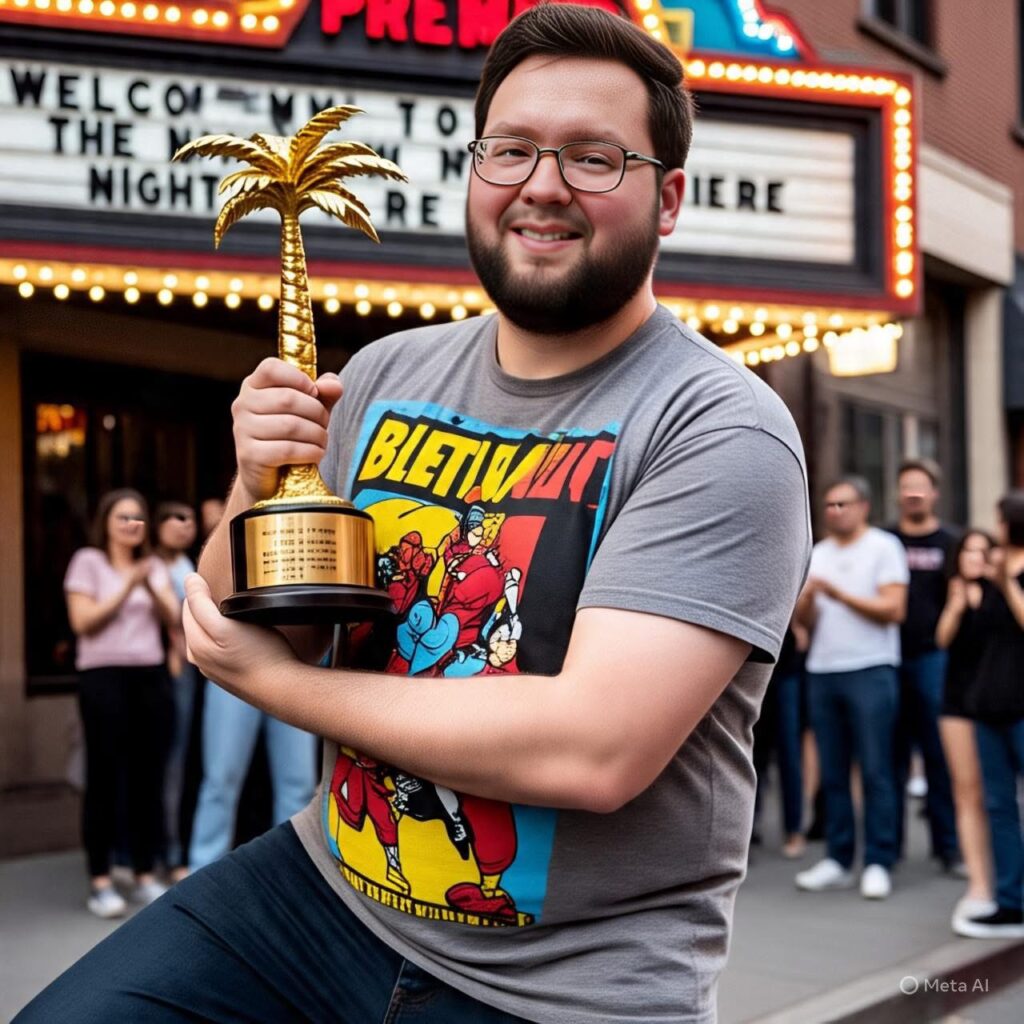 Man smiling holding a trophy with a palm tree design, in front of a marquee sign and crowd, outdoors.