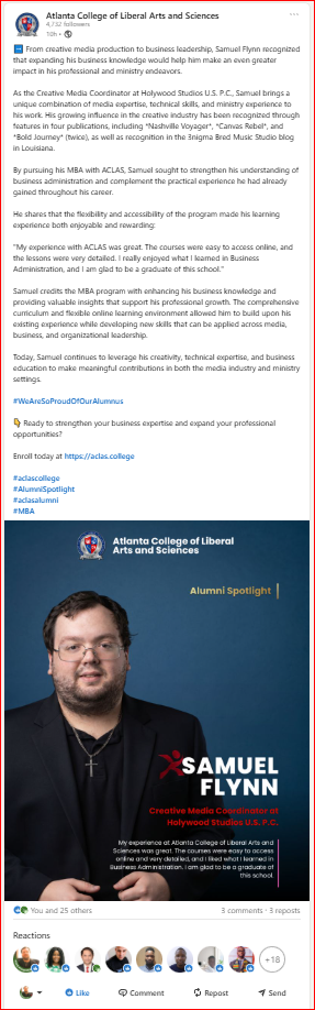 A webpage with text and a portrait of Samuel Flynn, a man with glasses and a beard, wearing a dark shirt, against a blue background.