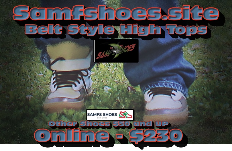 Close-up of a child's feet wearing sneakers and jeans, with promotional text for shoes and online shopping, on grass.