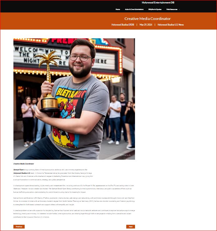Person holding a trophy in front of a crowd at a movie theater, smiling, wearing a colorful graphic t-shirt.