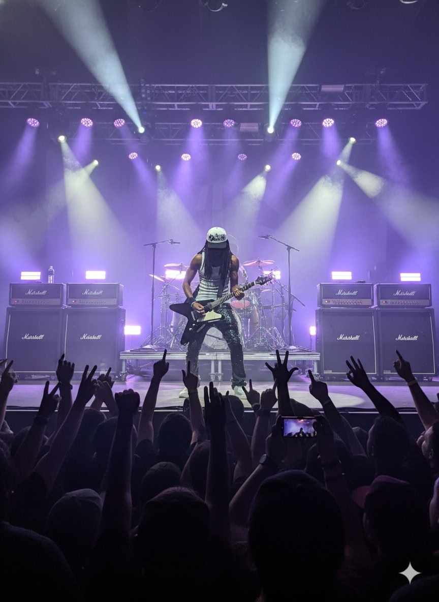 Musician playing guitar on stage with bright lights and amplifiers, audience raising hands, concert atmosphere.