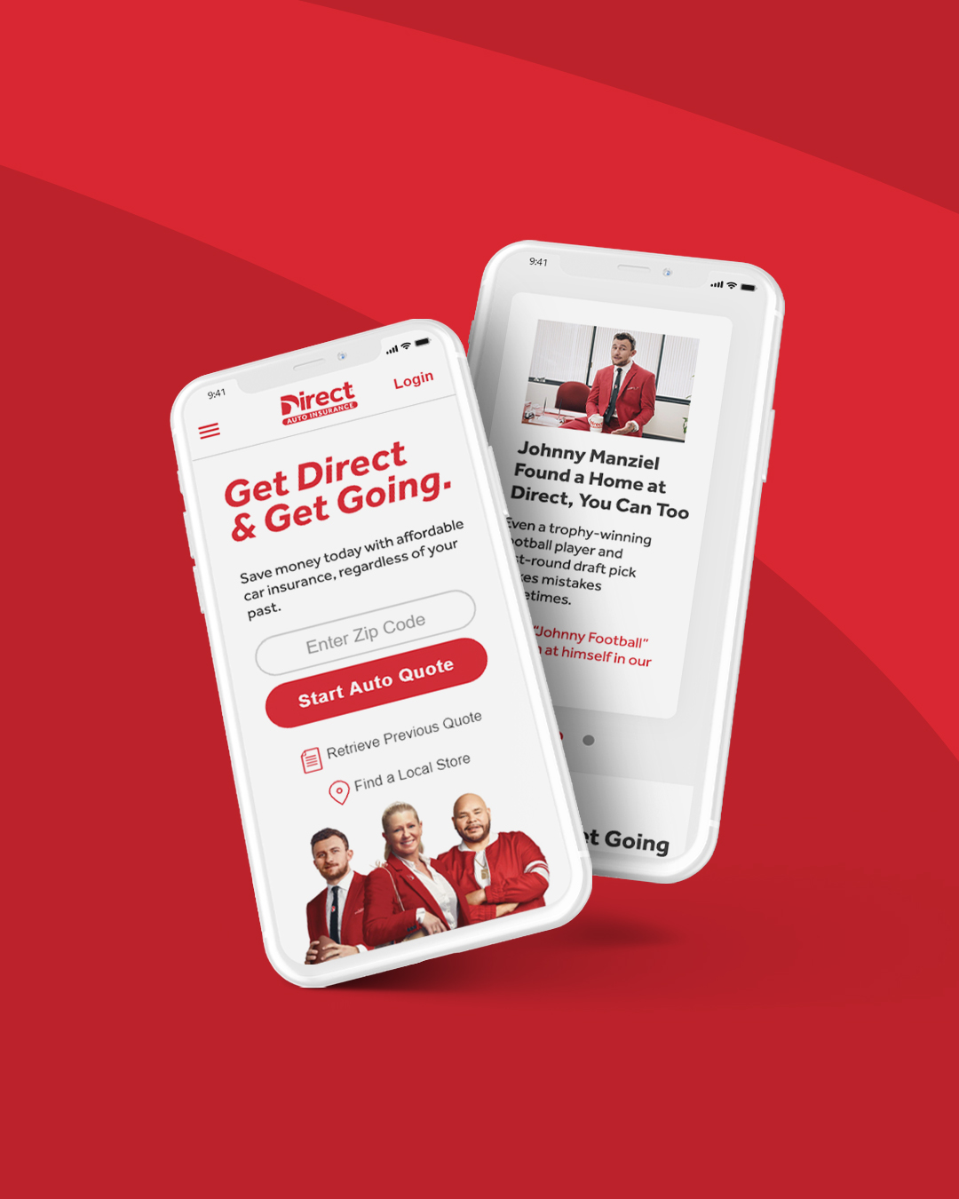 Two smartphones display a real estate app with red and white interface, showing property listings and a quote button, on a red background.