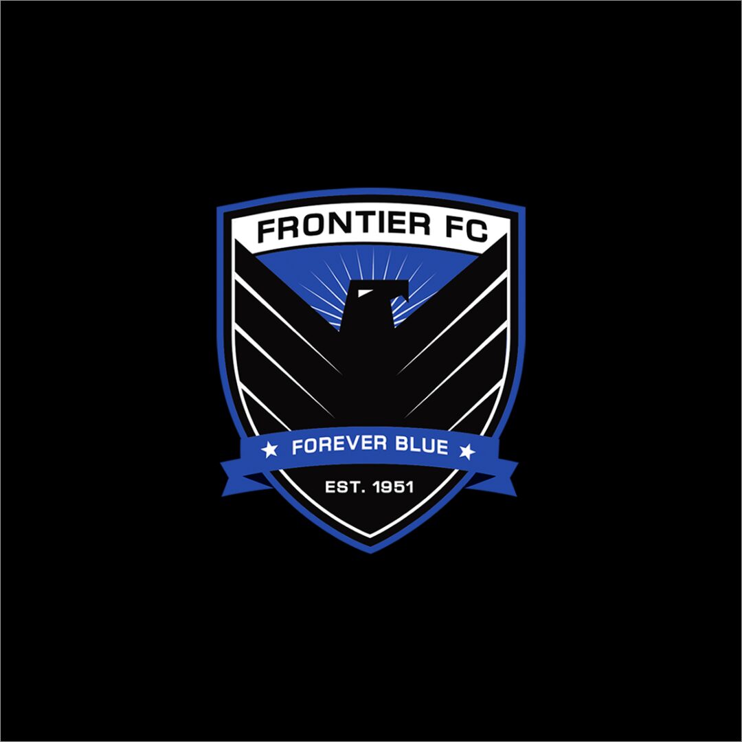 Frontier FC logo with eagle and blue banner on black background.
