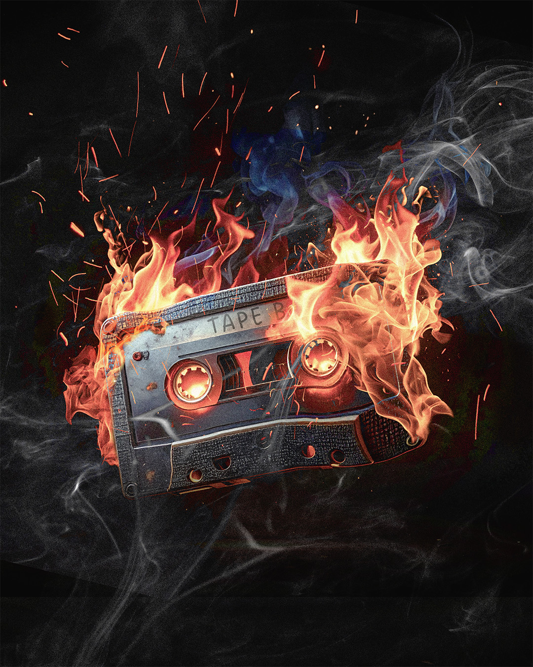 A burning cassette tape with flames and smoke against a dark background.