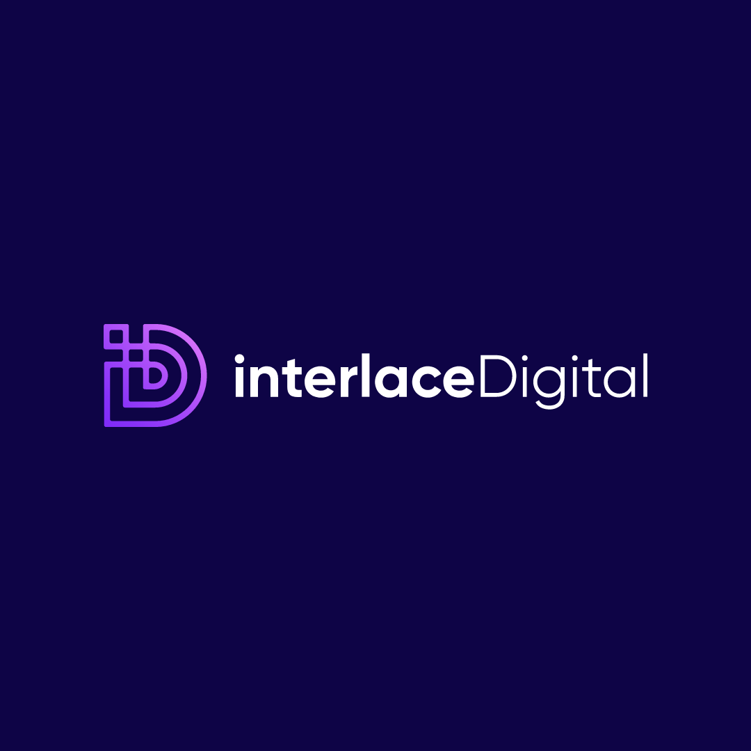 Logo with purple design and white text reading 'interlaceDigital' on a dark background.