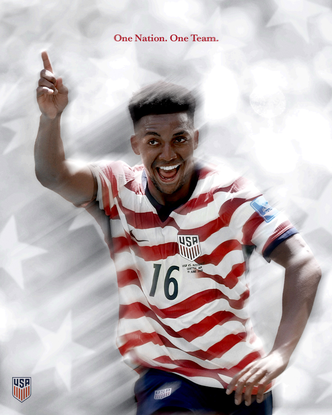 Smiling athlete in USA jersey with number 16, raising one finger, with text 'One Nation. One Team.' above.