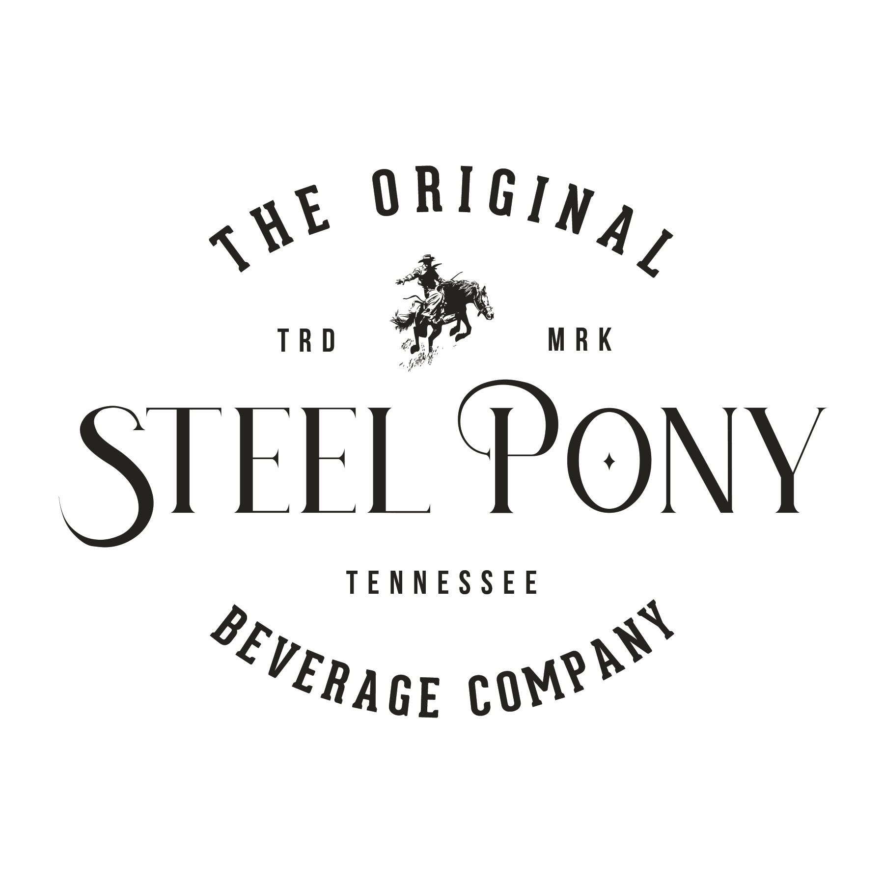 Logo with text 'Steel Pony' and a horse and rider silhouette, surrounded by company name and location, in black and white.