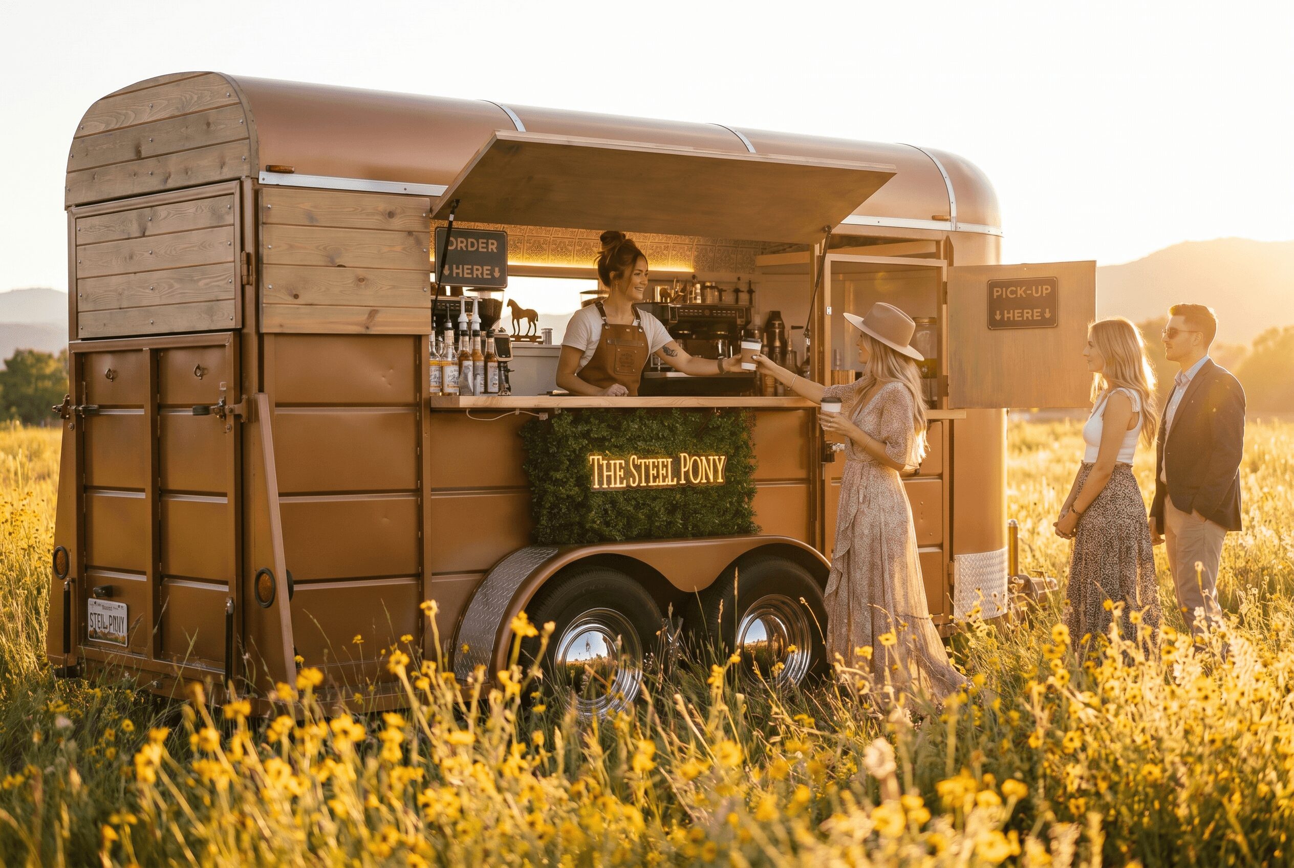 People order drinks at a mobile bar in a field of yellow flowers during sunset.