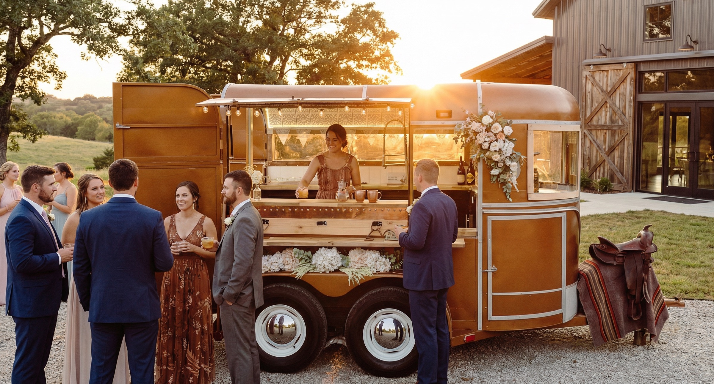 Group of people gathered around a vintage food truck outdoors during sunset, with a barn in the background.