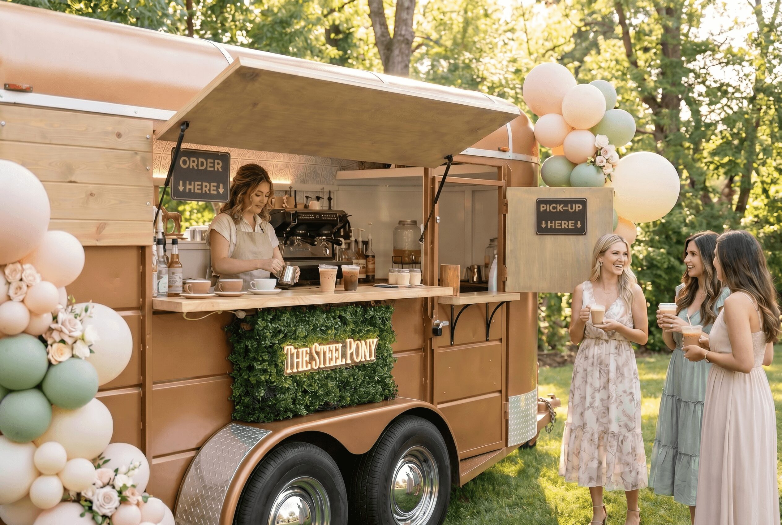 A mobile food stand with balloons, serving drinks outdoors with three women nearby, trees in the background.