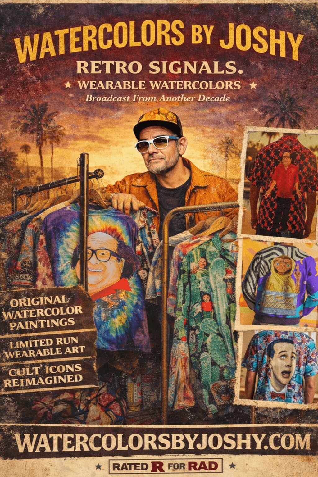 Man wearing sunglasses and a hat displays colorful watercolors and backpacks at a market stall, sunset background.