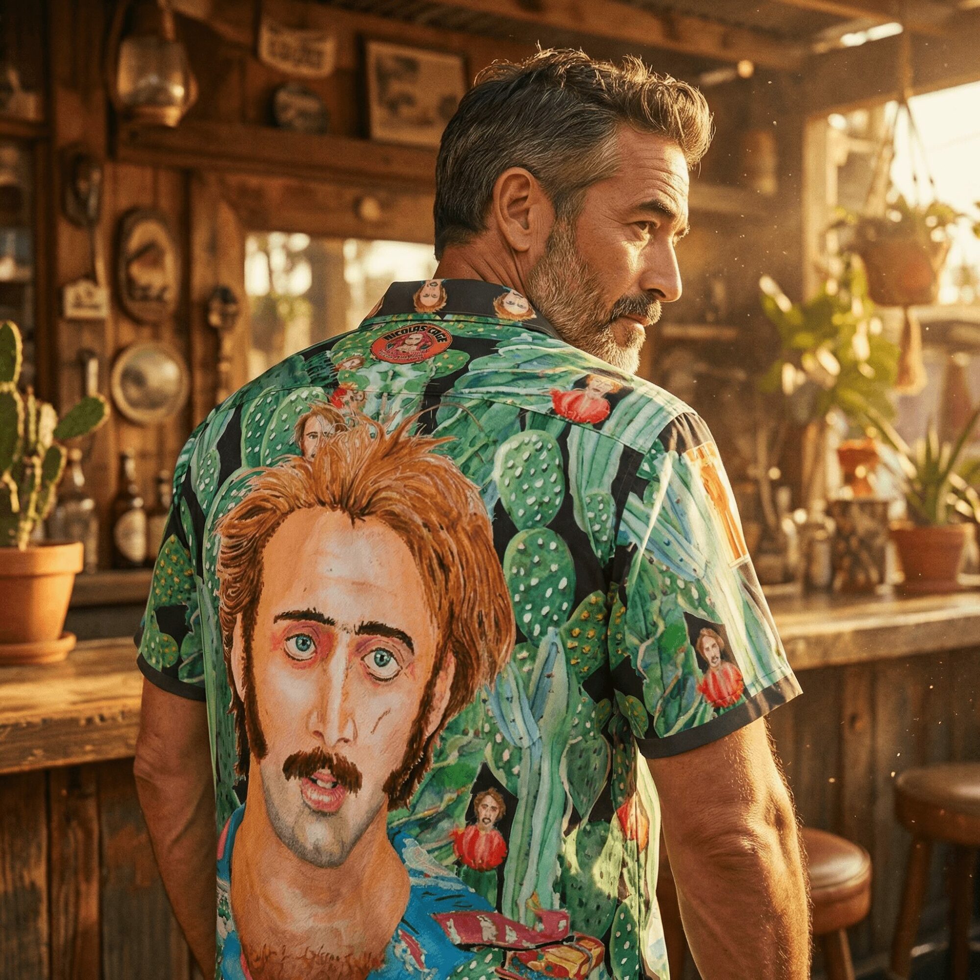 Man with gray hair and beard wearing a colorful shirt with a painted portrait of a man with red hair and mustache, in a cozy, plant-filled room.