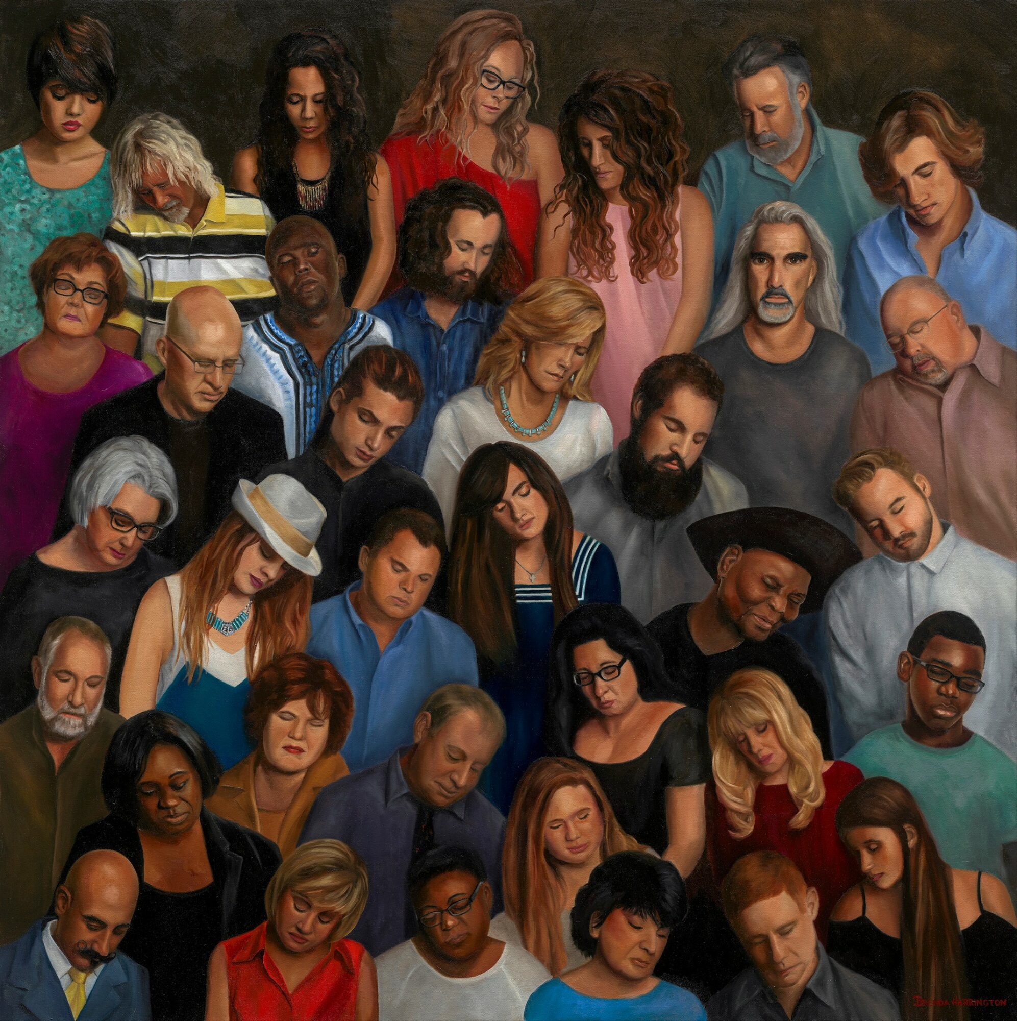Group of diverse people gathered closely, some looking down or to the side, in a dark background, with varied expressions.