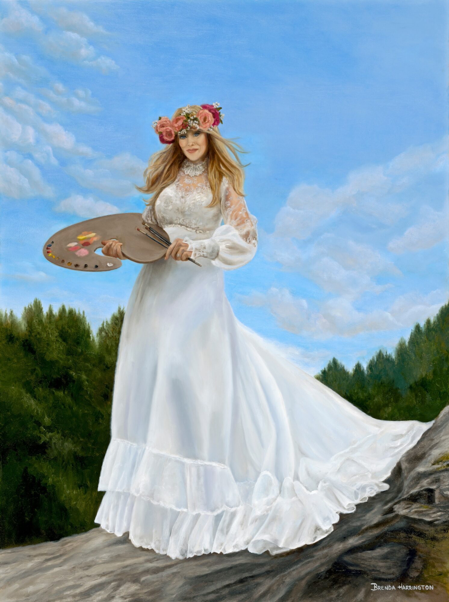 Woman in a white dress with a floral crown holding a painter's palette outdoors against a blue sky with clouds.