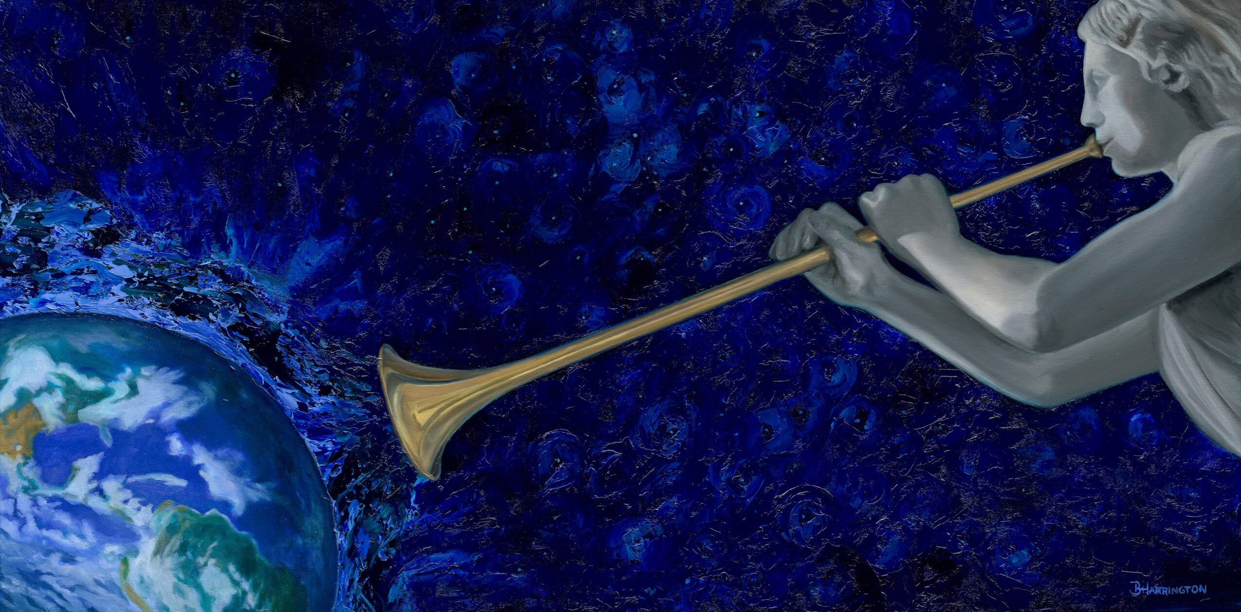 Statue of a woman blowing a long horn toward Earth in space, with stars and galaxy background.