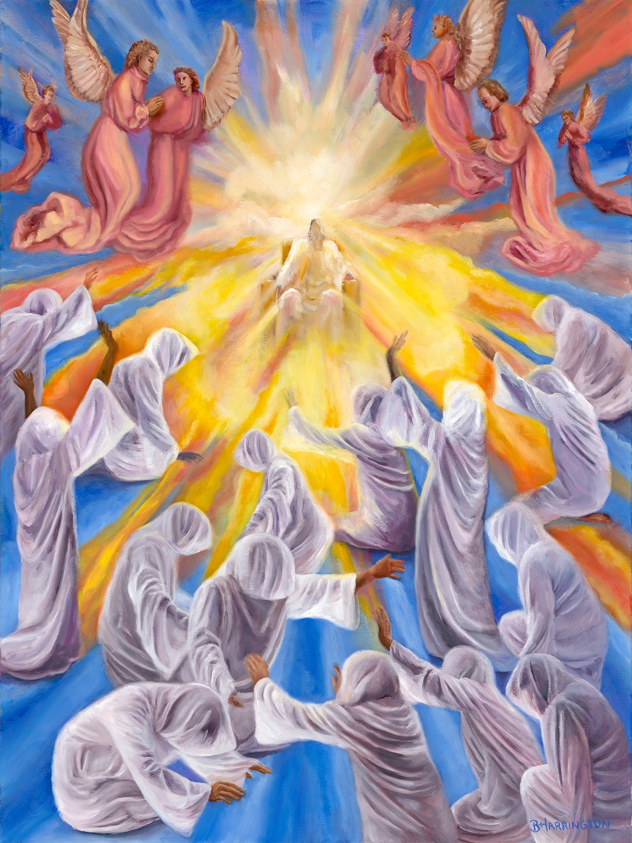 Heavenly scene with angels and people in white robes, radiant light, and colorful sky, depicting a spiritual gathering.