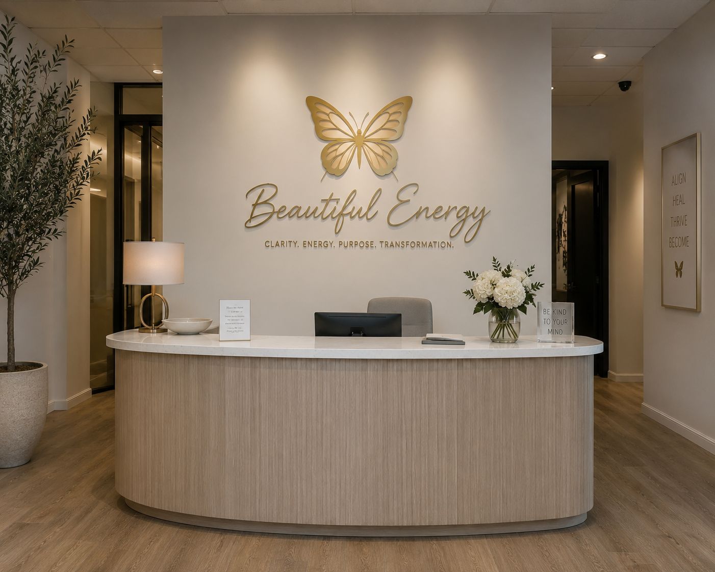Reception desk with a butterfly logo and the words 'Beautiful Energy' on the wall behind, decorated with flowers and a lamp.
