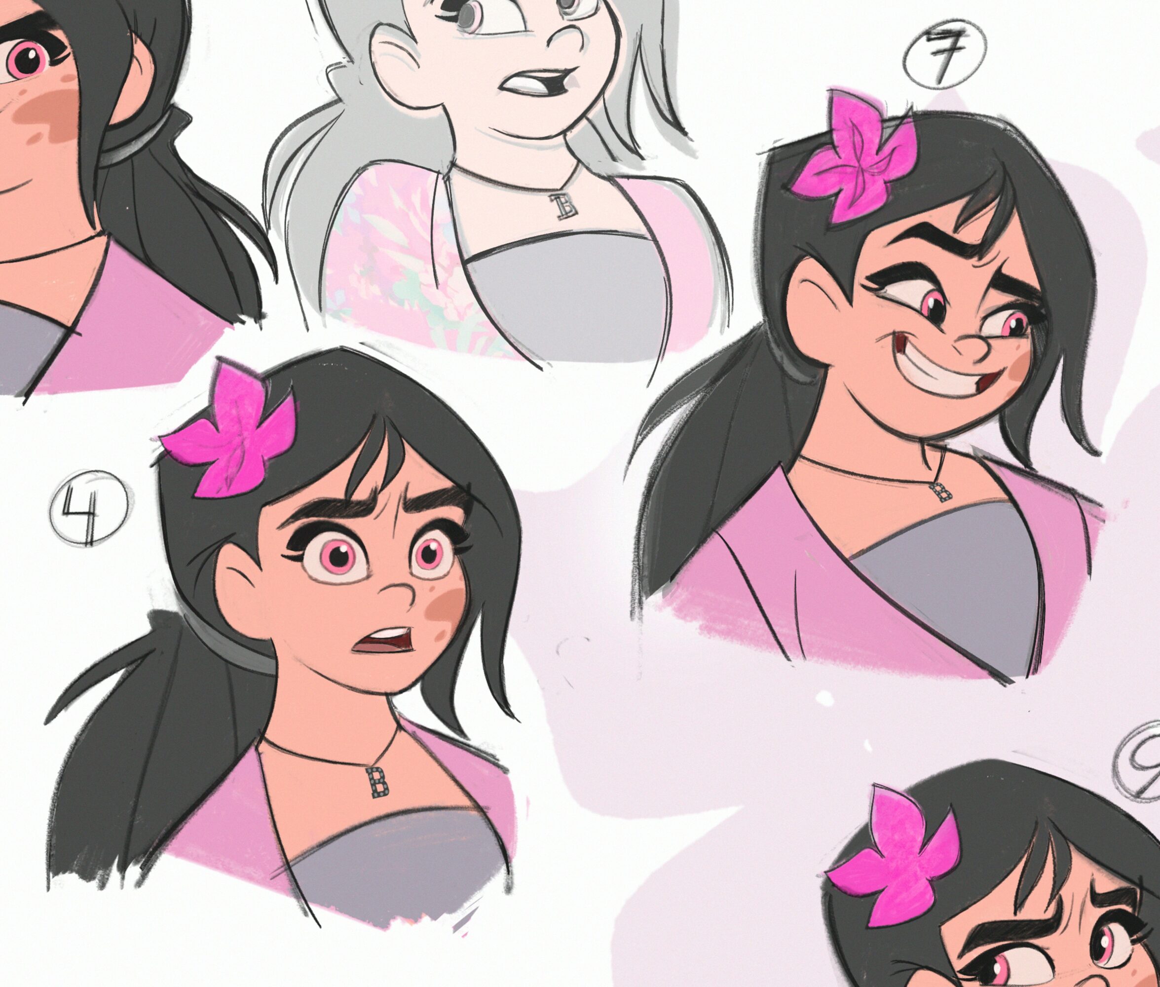 Four cartoon characters with black hair, pink flowers, and pink clothing, showing different facial expressions.
