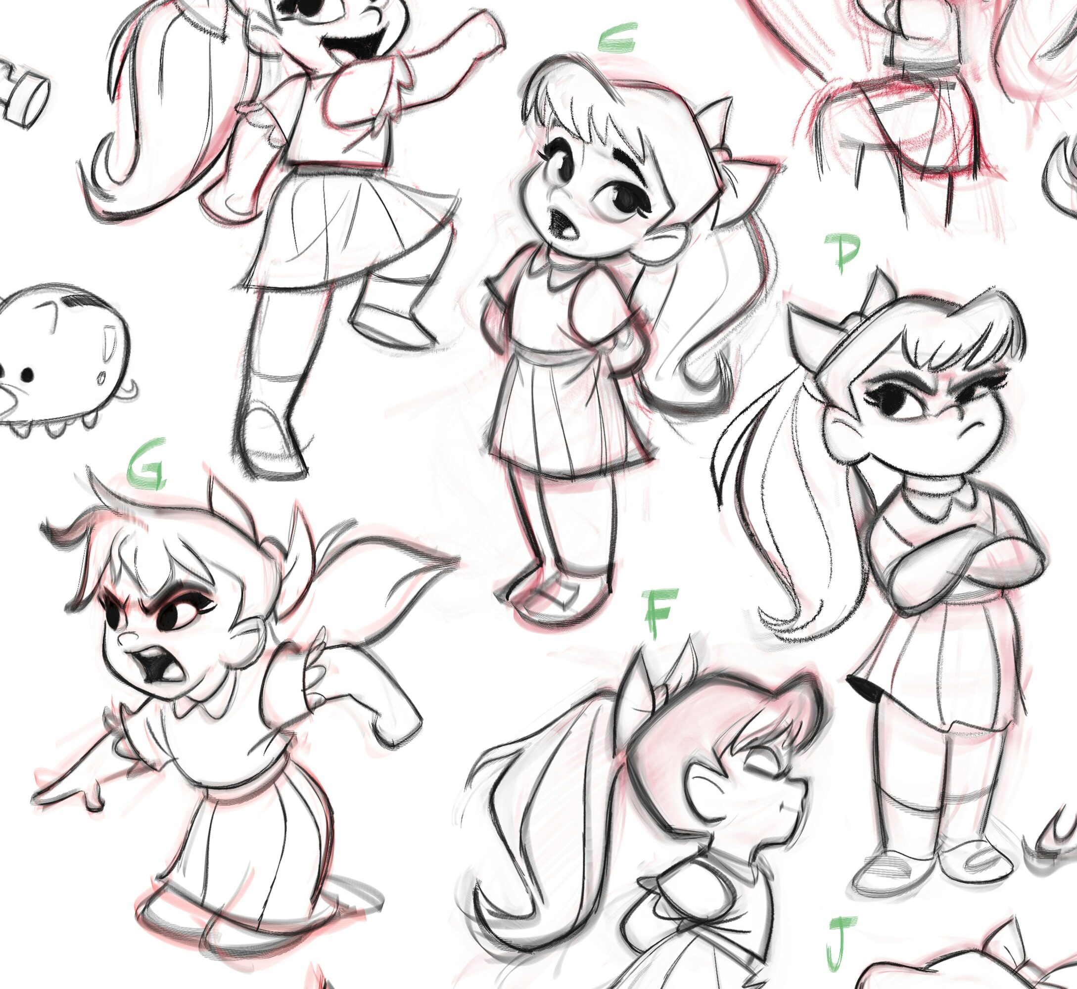 Multiple sketches of a girl with animal ears, in various poses and expressions, some with arms crossed or smiling.