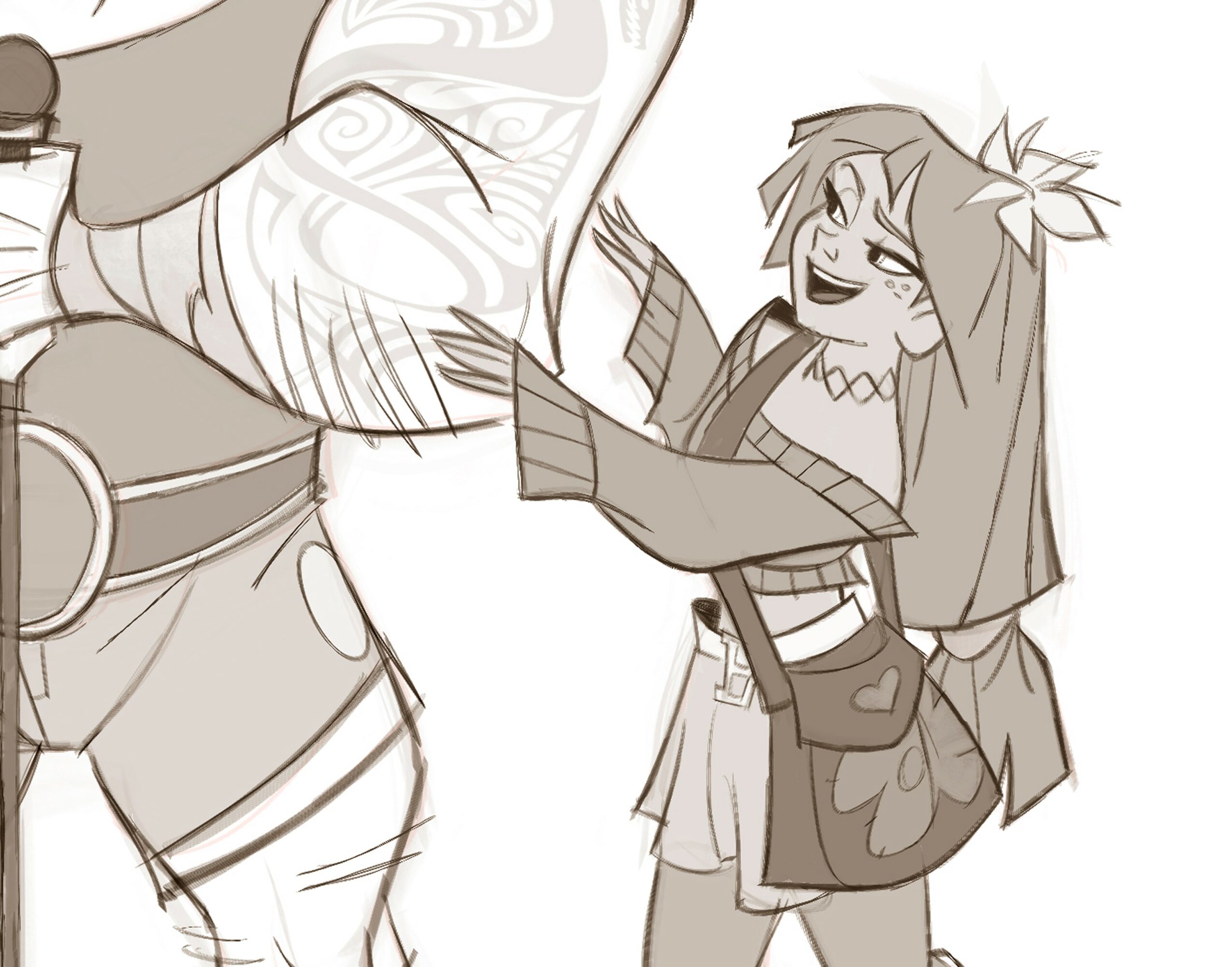 Cartoon girl with animal ears and long hair, smiling and touching a person's leg, in a casual setting.