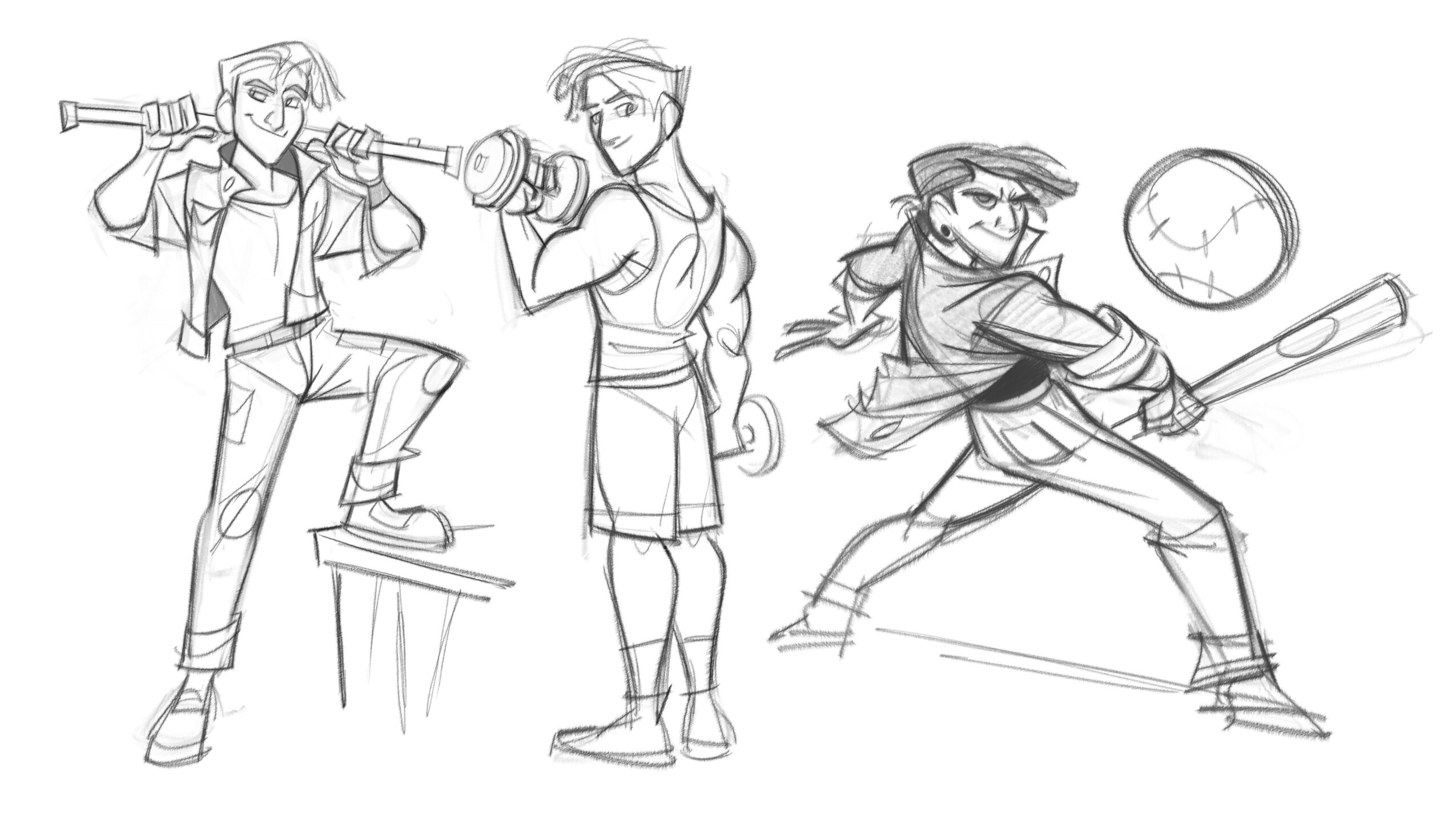 Three characters in dynamic poses: one with a baseball bat, one holding a sword, and one swinging a bat at a ball.
