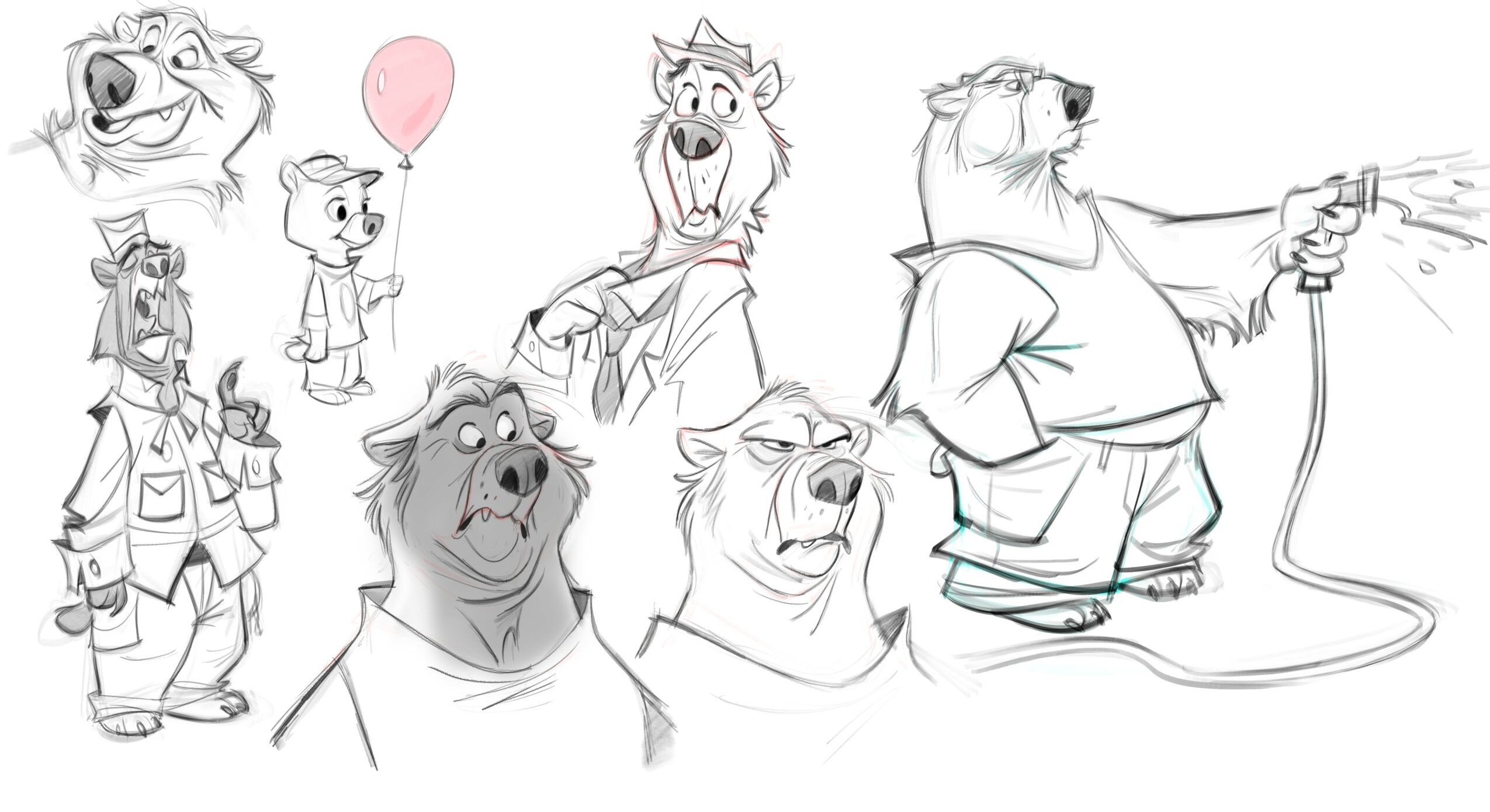 Collection of cartoon animals, including bears, a dog, and a lion, in various poses and expressions, some holding objects.