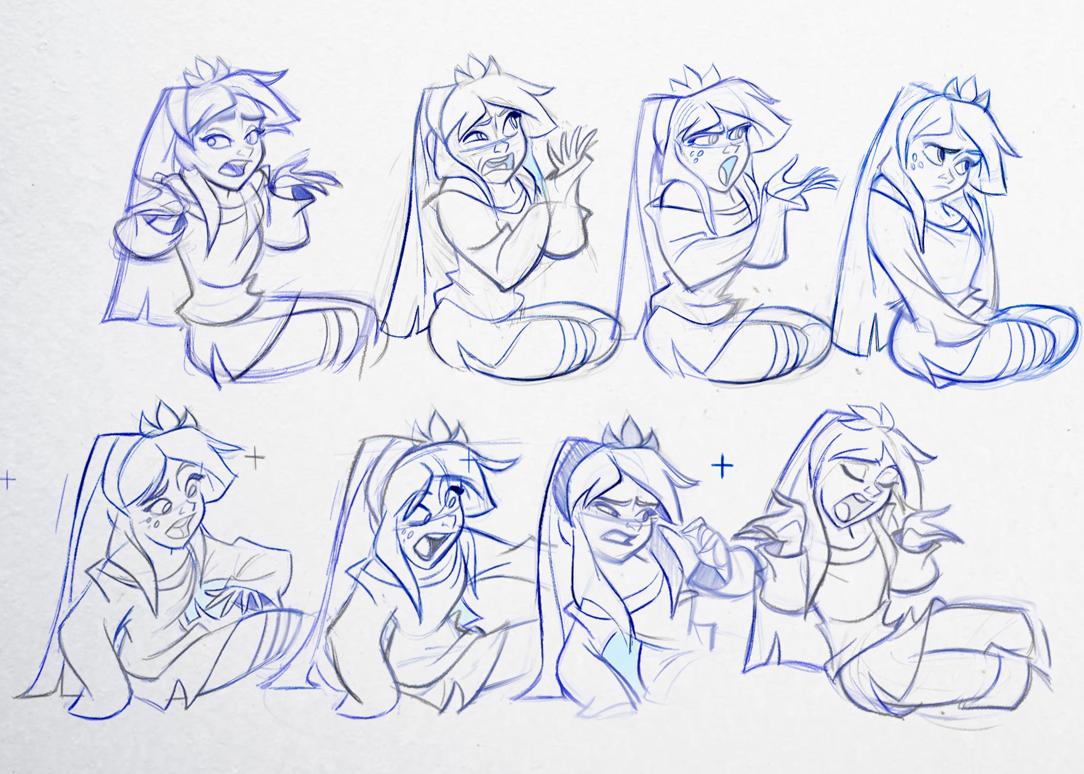 Series of nine sketches of a girl with long hair, expressive poses, and various facial expressions, drawn in blue ink.