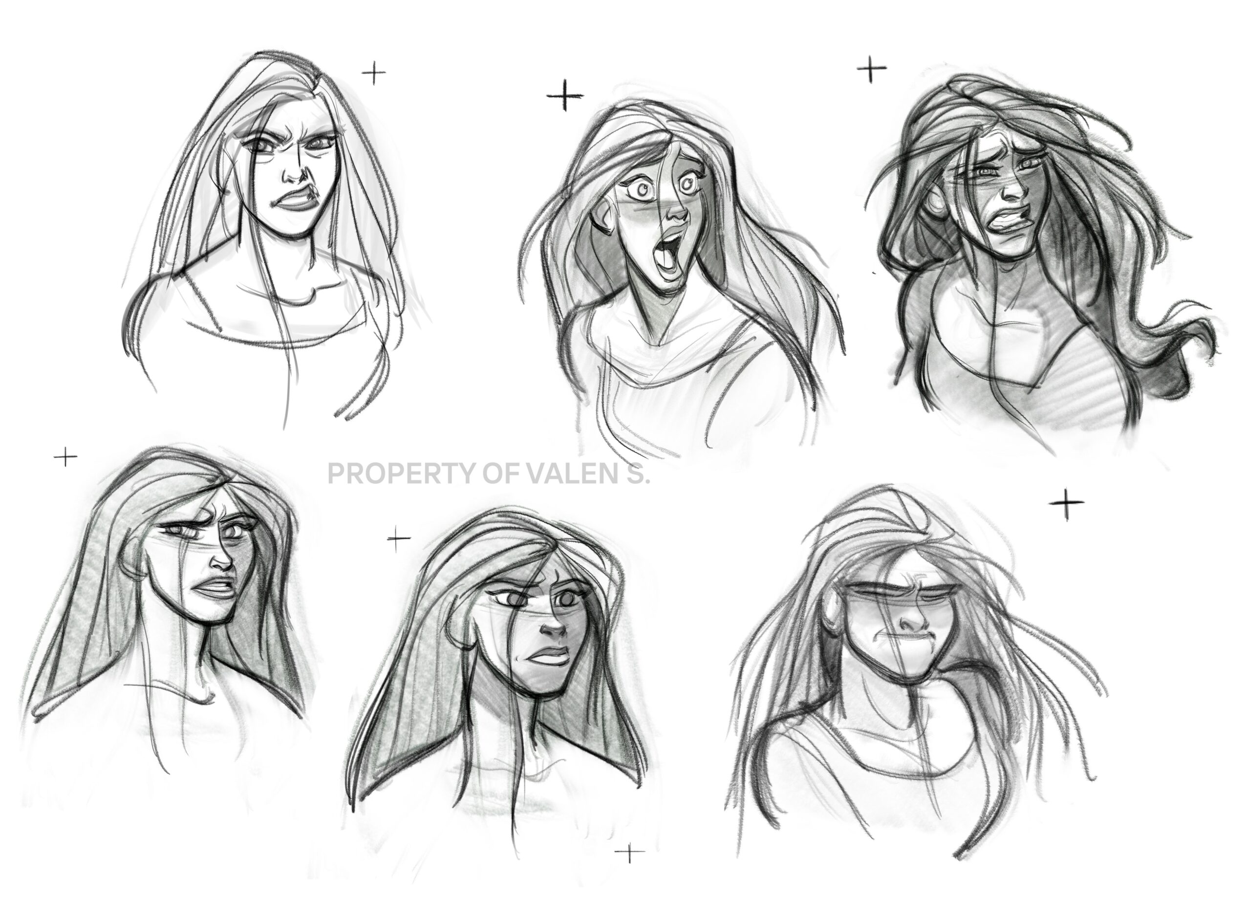 Six sketches of women with different facial expressions and hairstyles, some with glasses, in various emotional states.