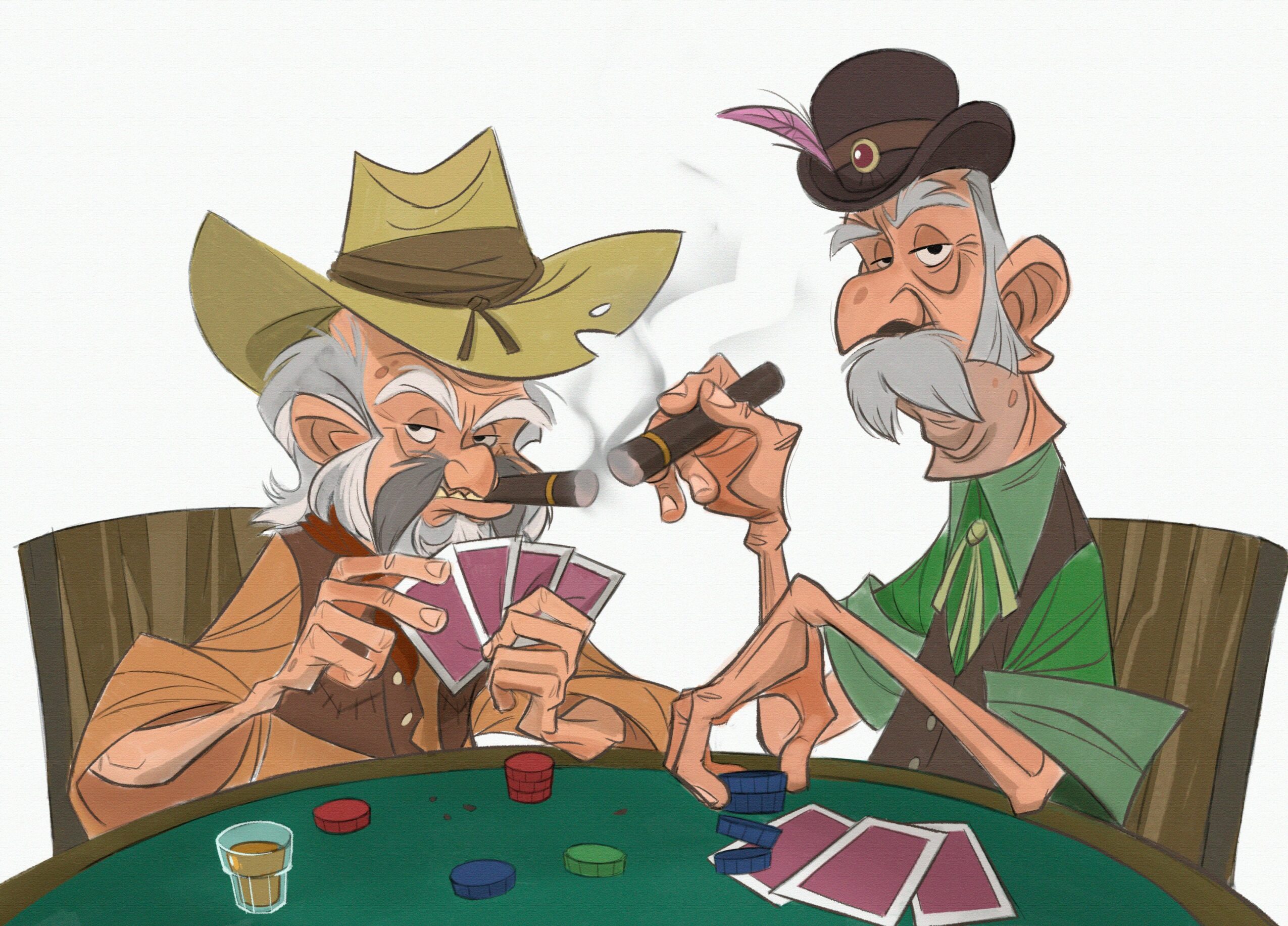 Two elderly men with gray hair and beards playing cards at a green table, one wearing a cowboy hat, the other a feathered hat.