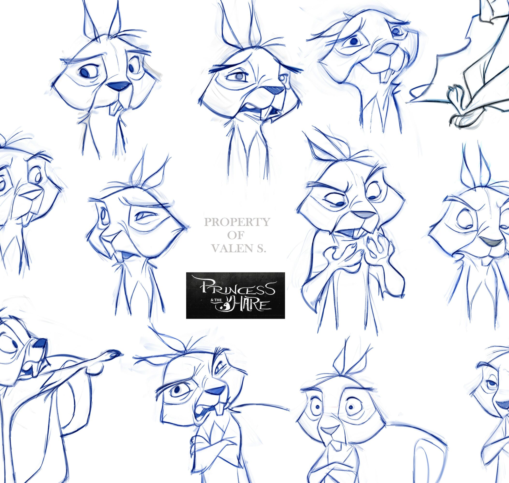 Collection of character sketches of a feline character with expressive facial expressions and gestures, in blue lines on white background.