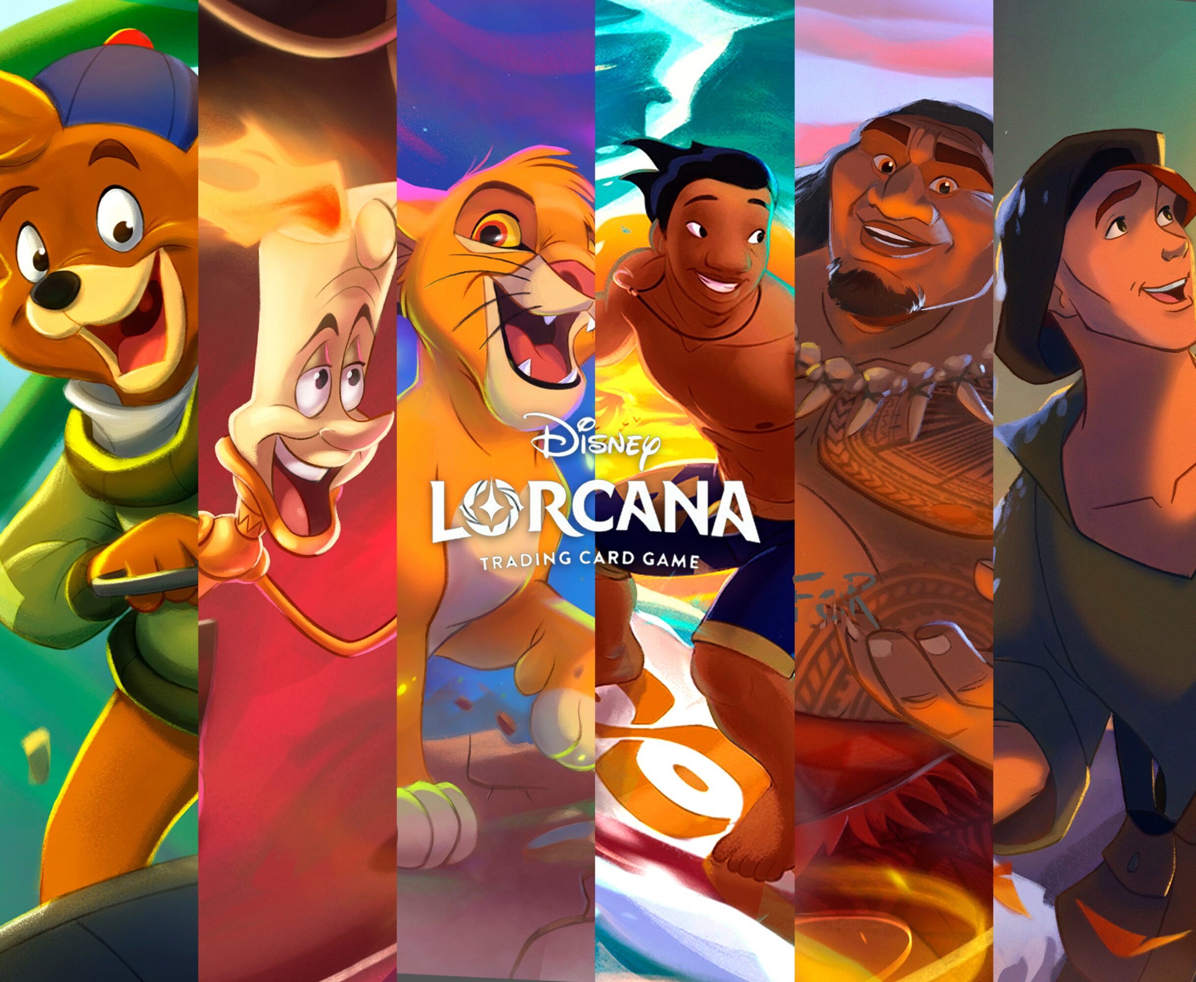 Six animated characters from Disney's 'Lorcana' game, each with distinct costumes and expressions, standing side by side.