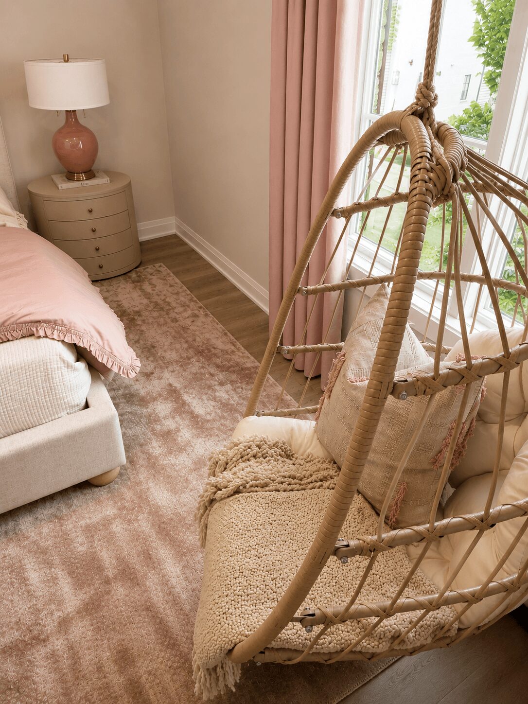 Corner of a bedroom with a hanging chair, bed, nightstand, and window with pink curtains.