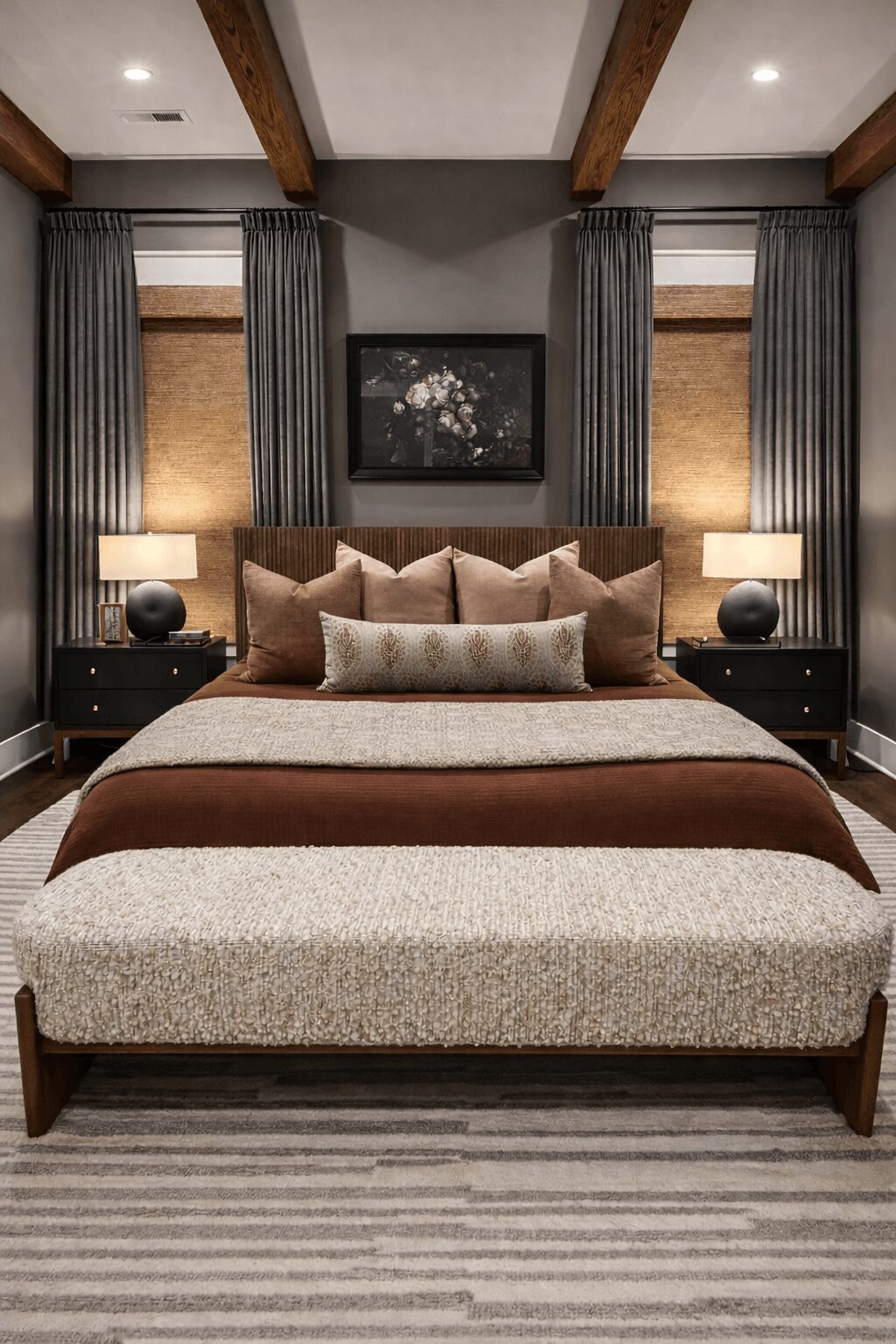 A bedroom with a bed, pillows, nightstands, lamps, curtains, and a framed picture above the bed.