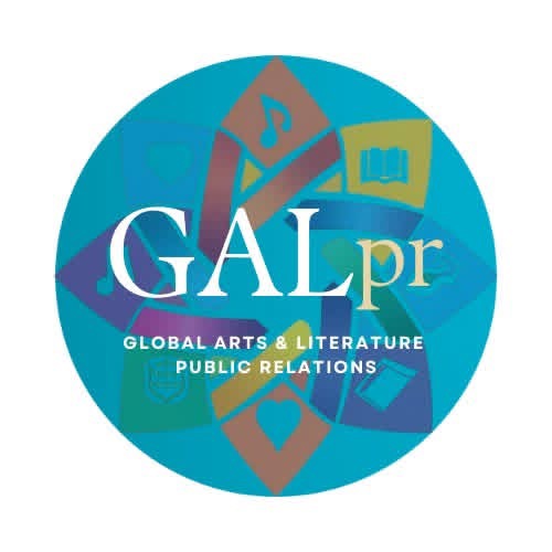 Circular logo with text 'GAL pr' and 'Global Arts & Literature Public Relations' with colorful symbols inside.