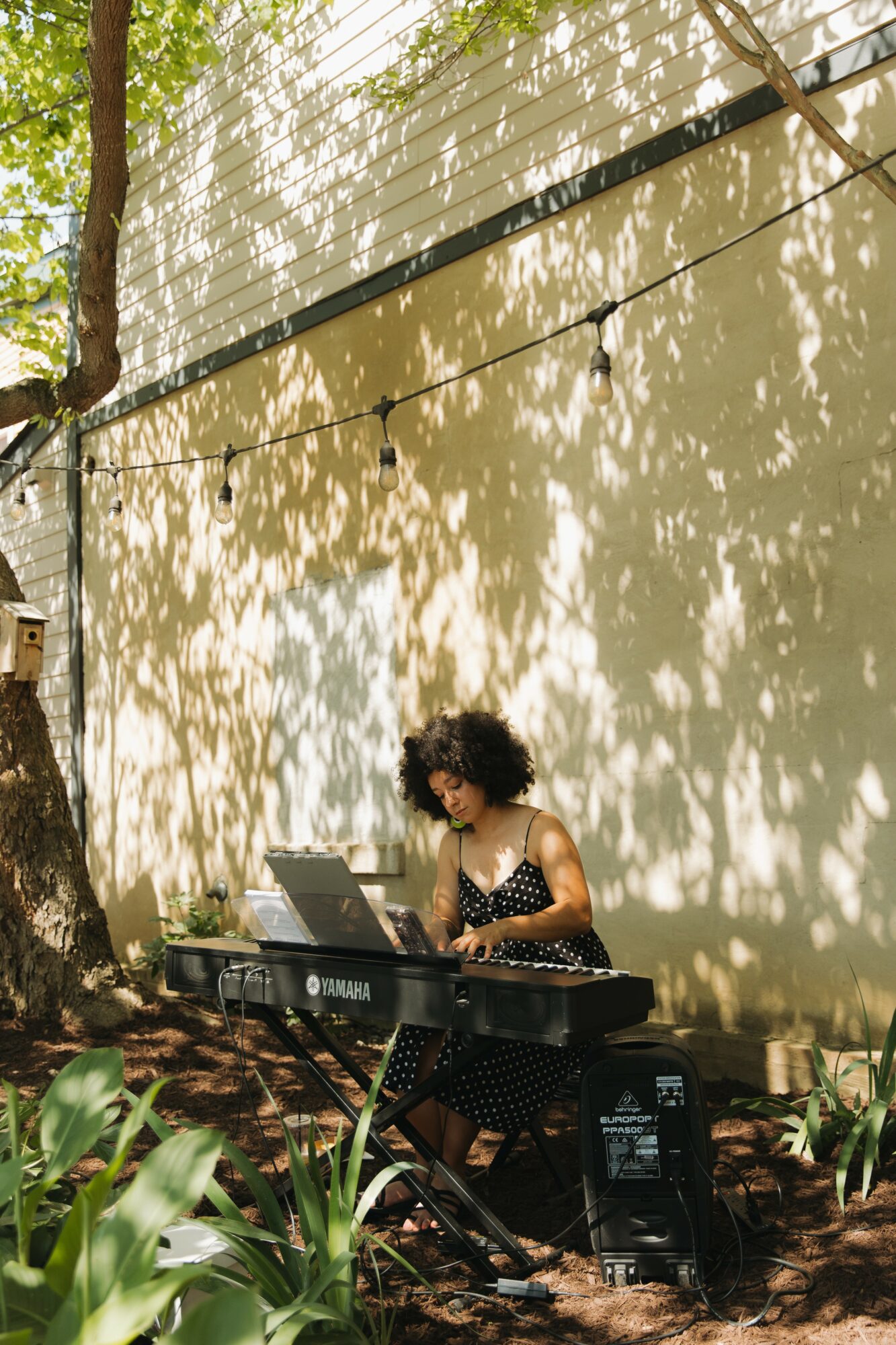 Person with curly hair playing keyboard outdoors under string lights, surrounded by plants and trees, sunlight casting shadows on wall.