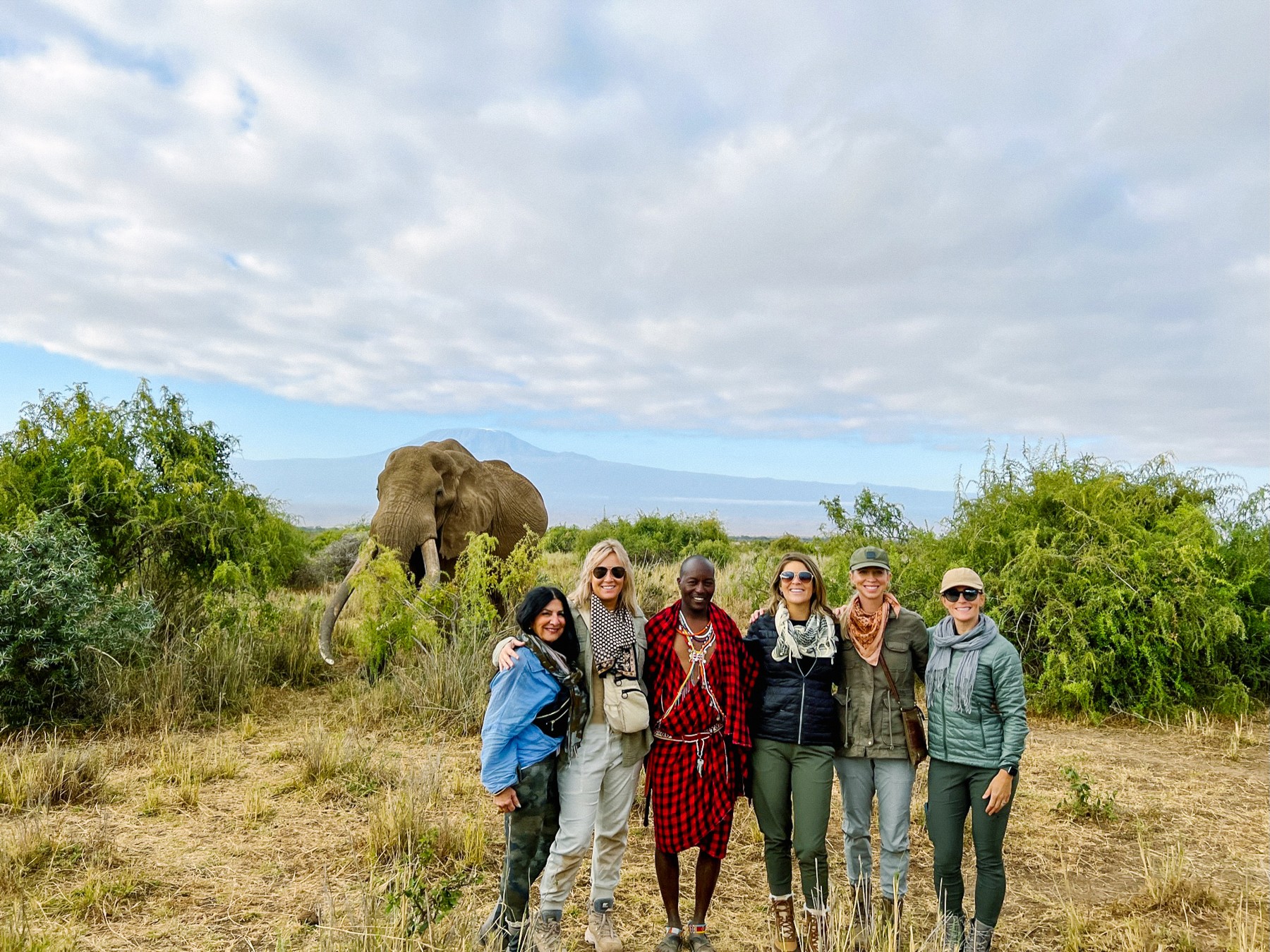 Group of six people standing outdoors with an elephant in the background, surrounded by greenery and cloudy sky.