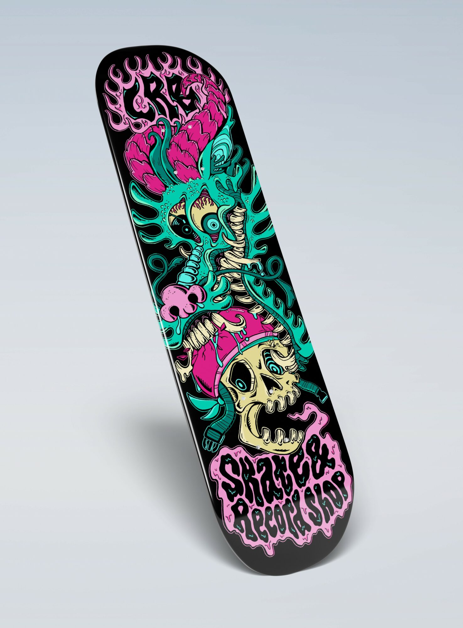 Skateboard deck with colorful, cartoonish skeleton and monster design, featuring pink, teal, and yellow elements, and the text 'Skateboard Reaper Stop'.