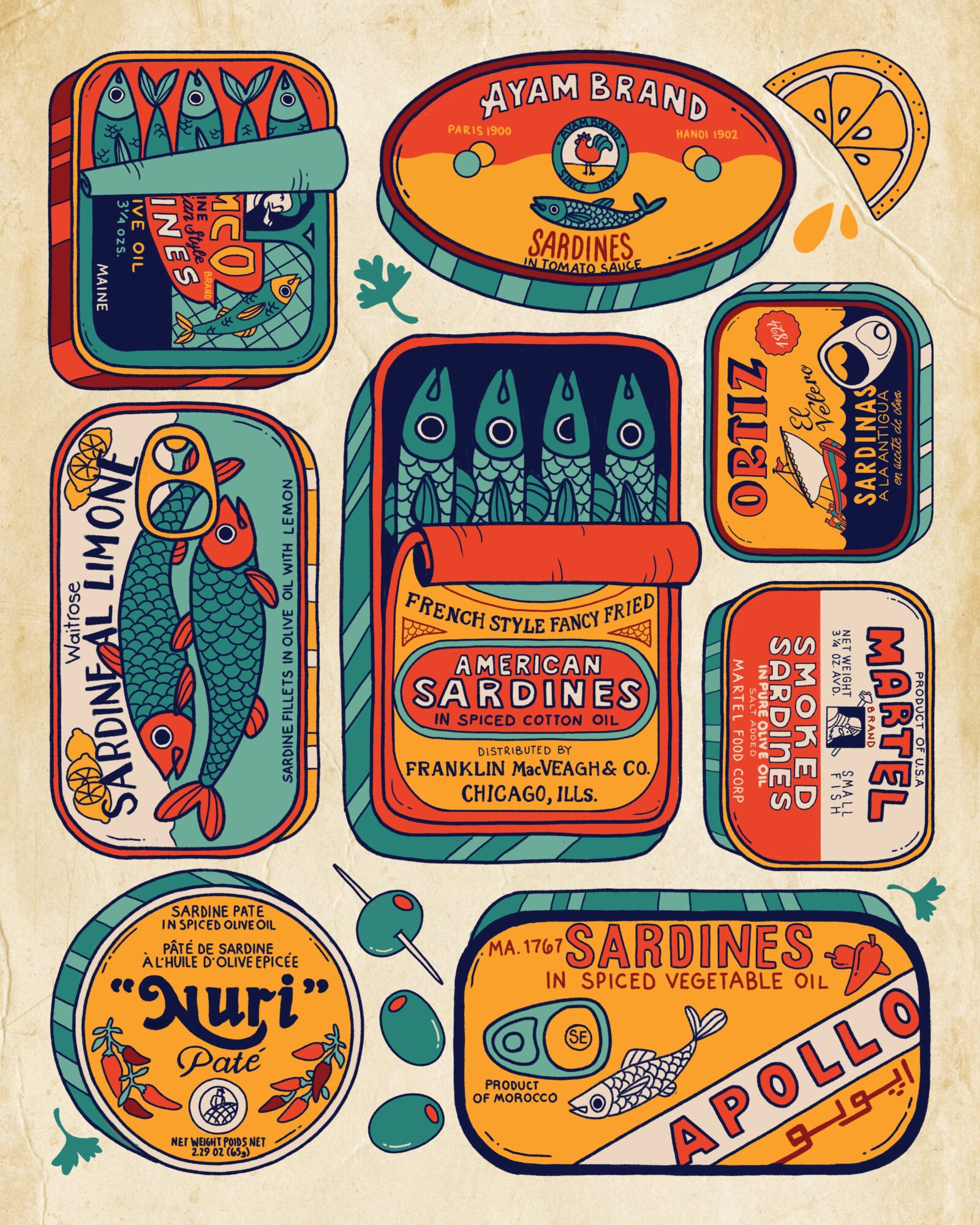 Assorted canned sardines and sardine-themed packaging with colorful labels and illustrations, including a fish, lemon, and vegetables.