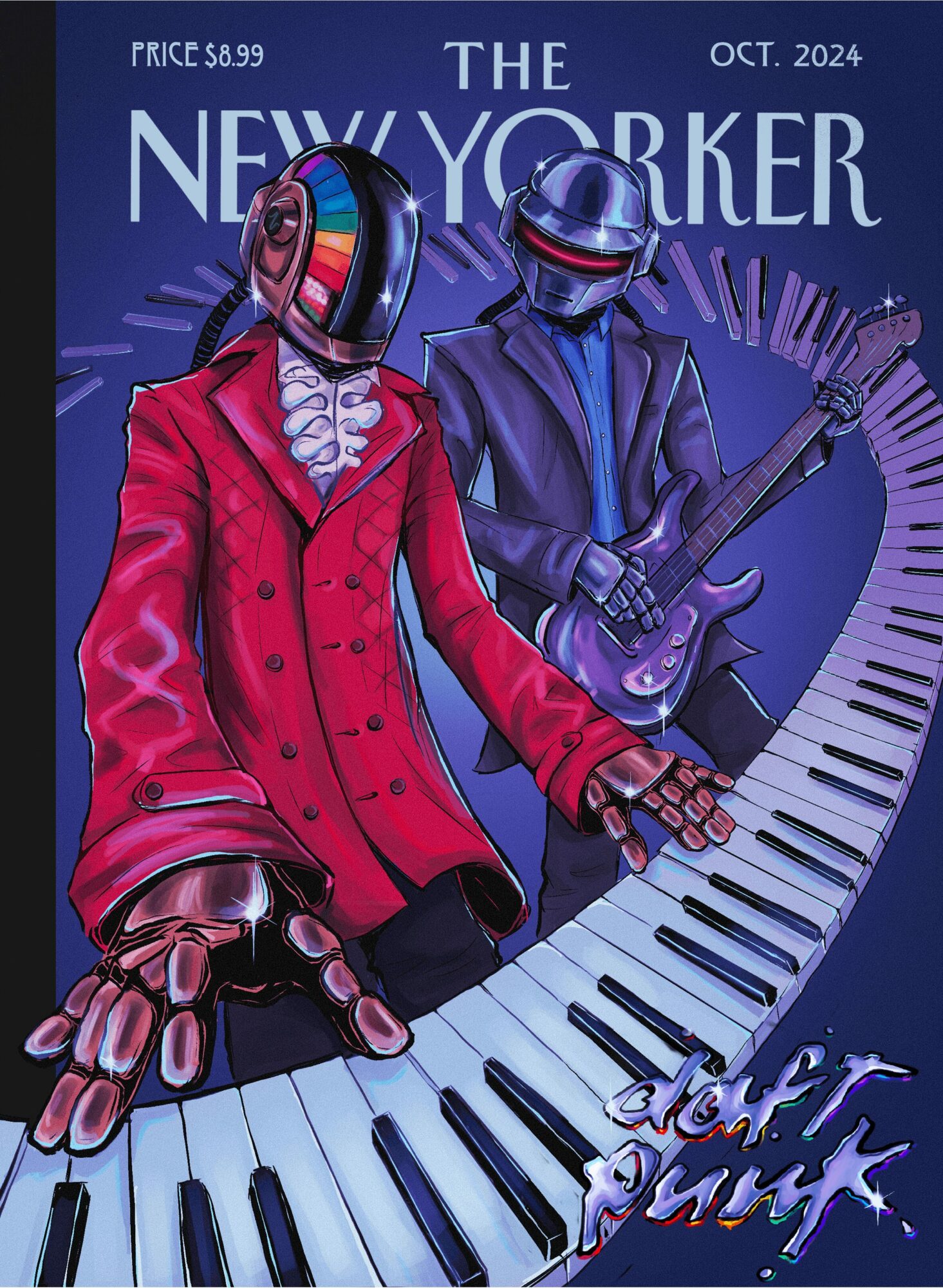 Two musicians wearing helmets play keyboard and guitar on a colorful cover, with the title 'The New Yorker' and date October 2024.