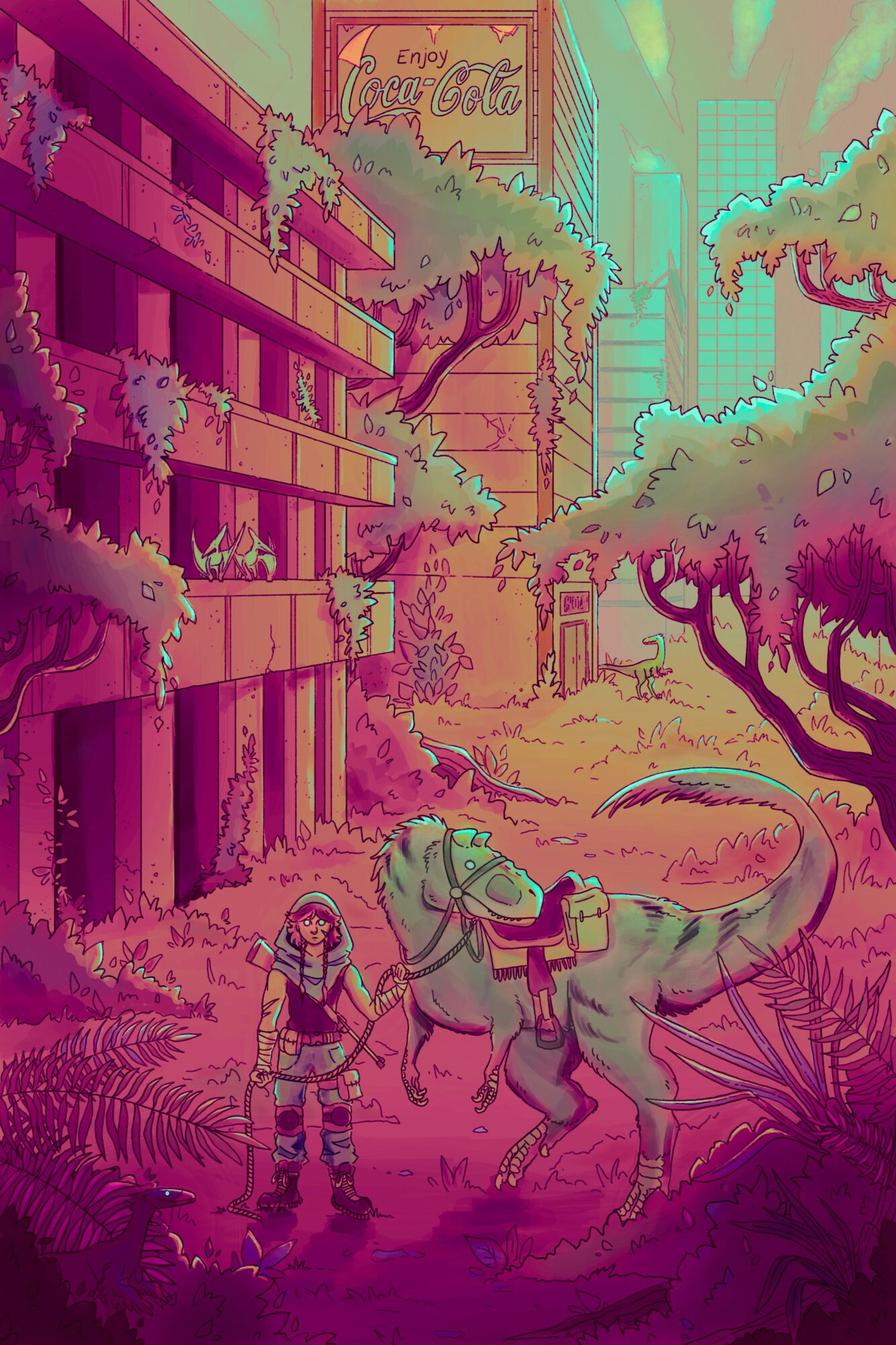 People with a horse in a colorful city park with trees and buildings in the background.