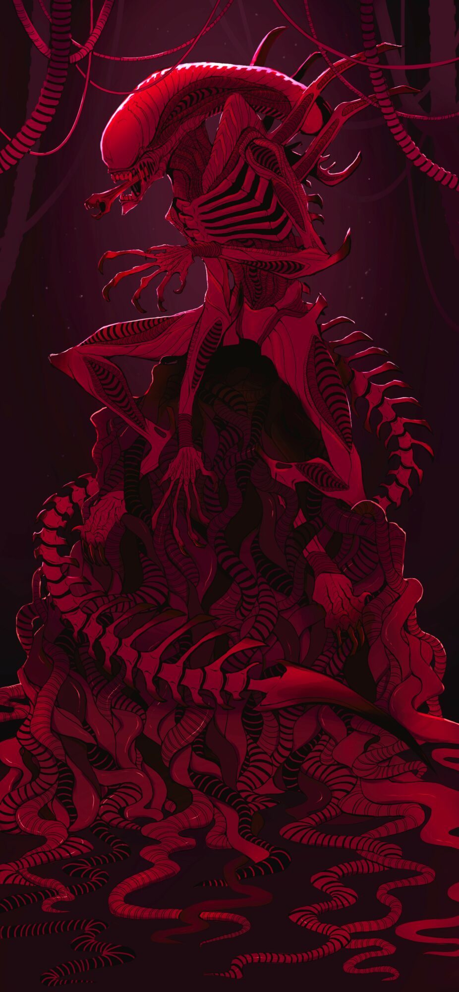A red, tentacled creature with a humanoid form stands on a dark, patterned surface in a dark environment.