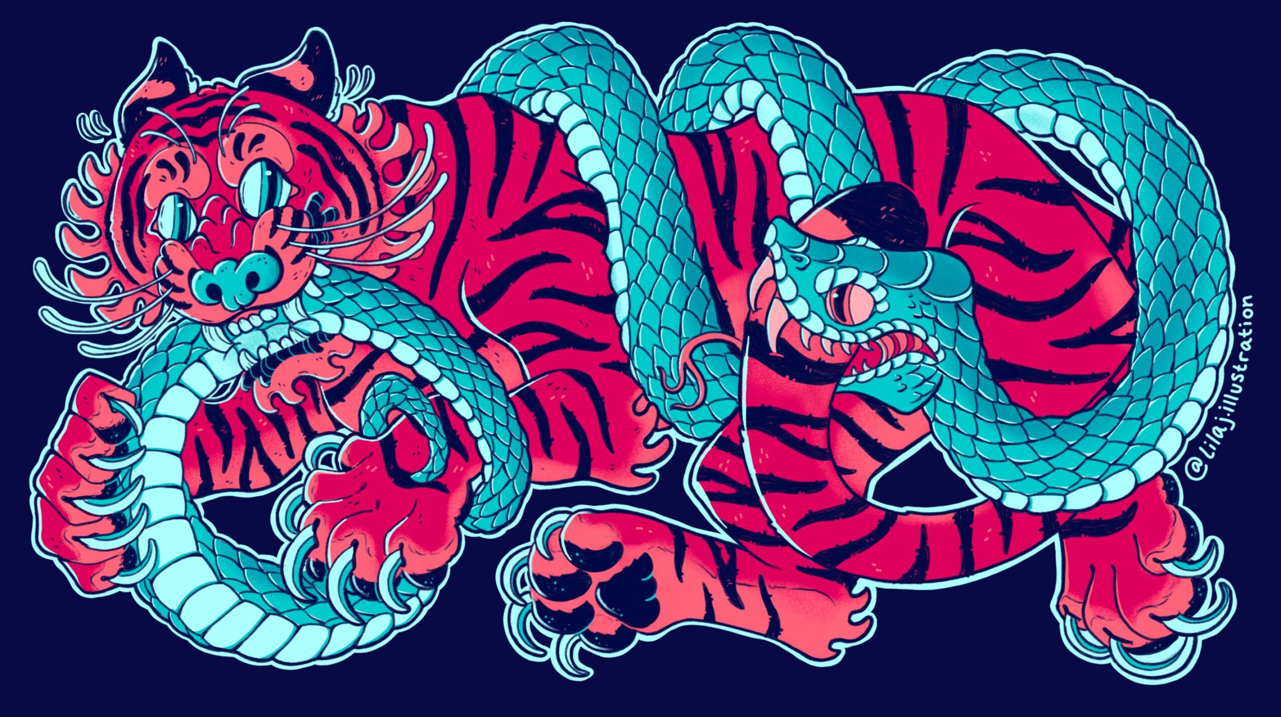 Two stylized tigers with blue snakes intertwined around them, set against a dark background.