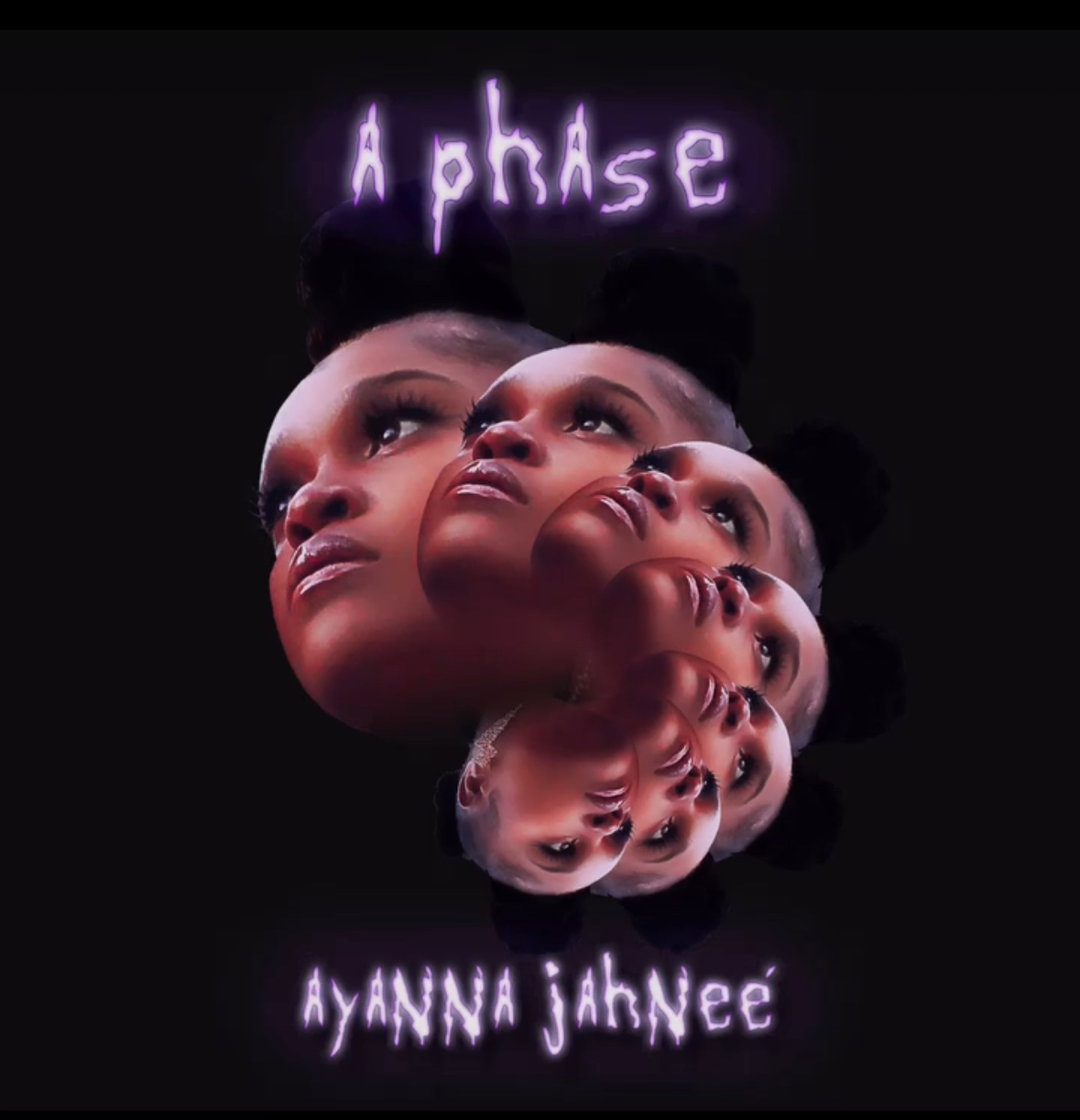 Multiple overlapping faces of a woman with dark hair, with glowing purple text above reading 'Aphase' and below 'AYANNA jahNee'.