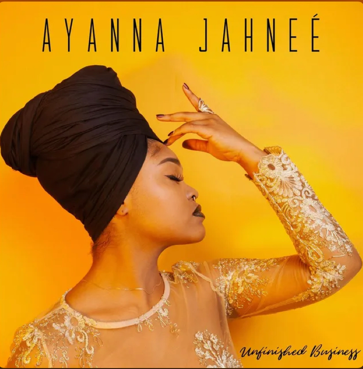 Profile of a woman with a headwrap and lace dress against yellow background, eyes closed, hand near forehead.