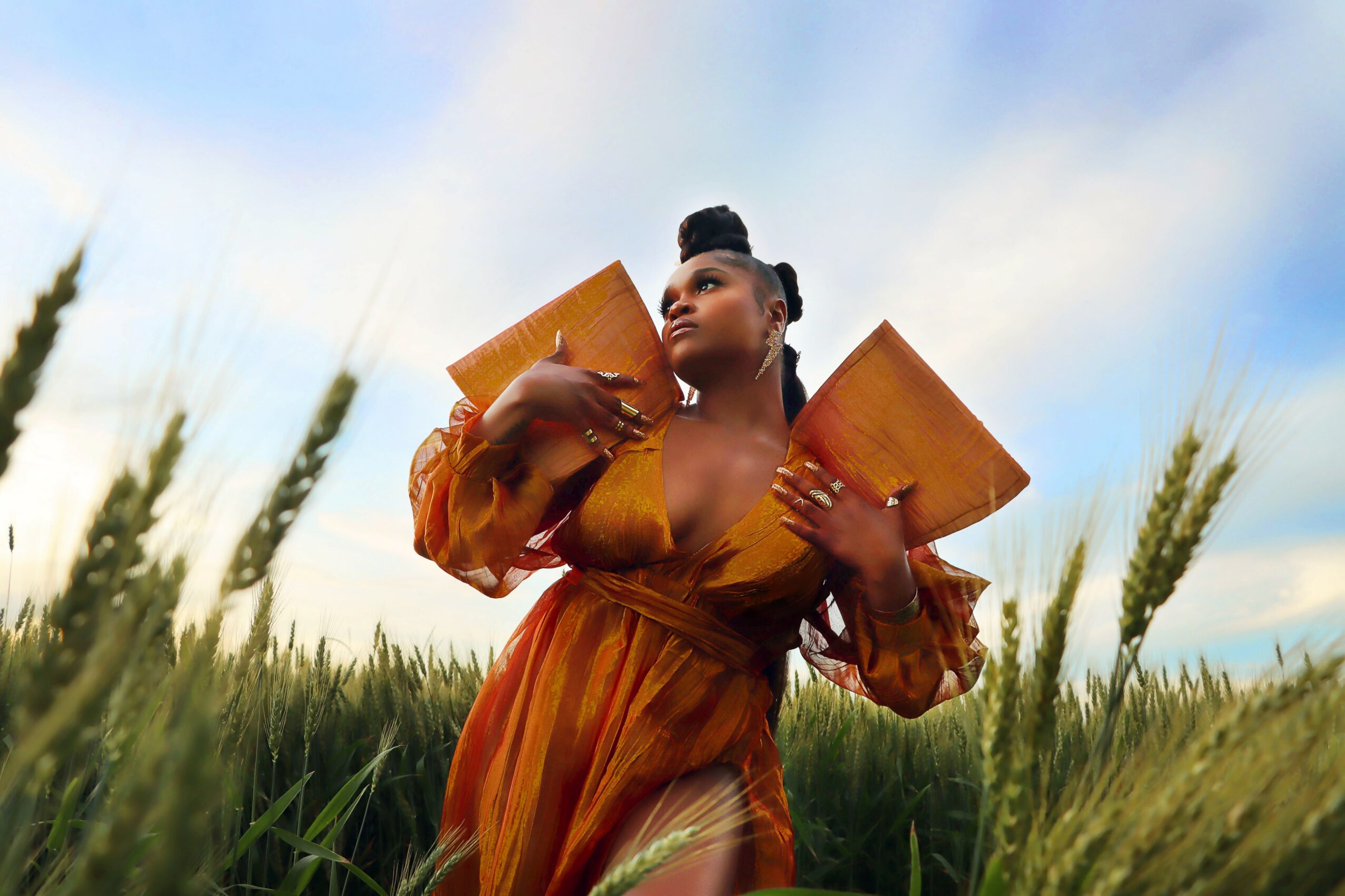 Woman in a brown dress holding two books outdoors with tall grass and a cloudy sky background.