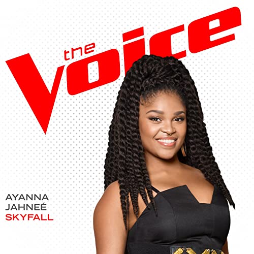 A woman with long twisted hair smiling, wearing a black top, with 'the voice' logo and text on a white background.
