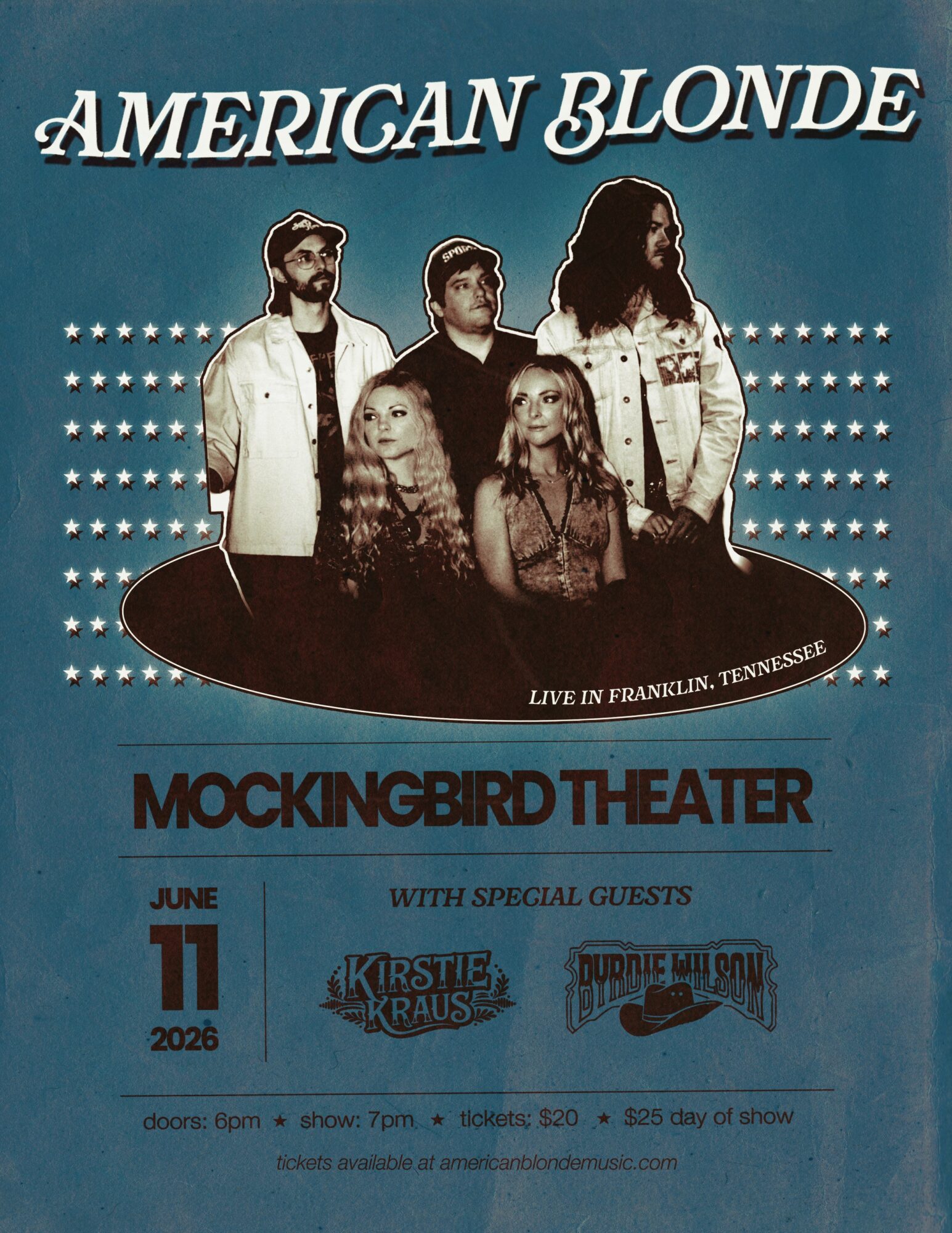 Poster for American Blonde band concert at Mockingbird Theater, June 11, 2026, with band members and event details.